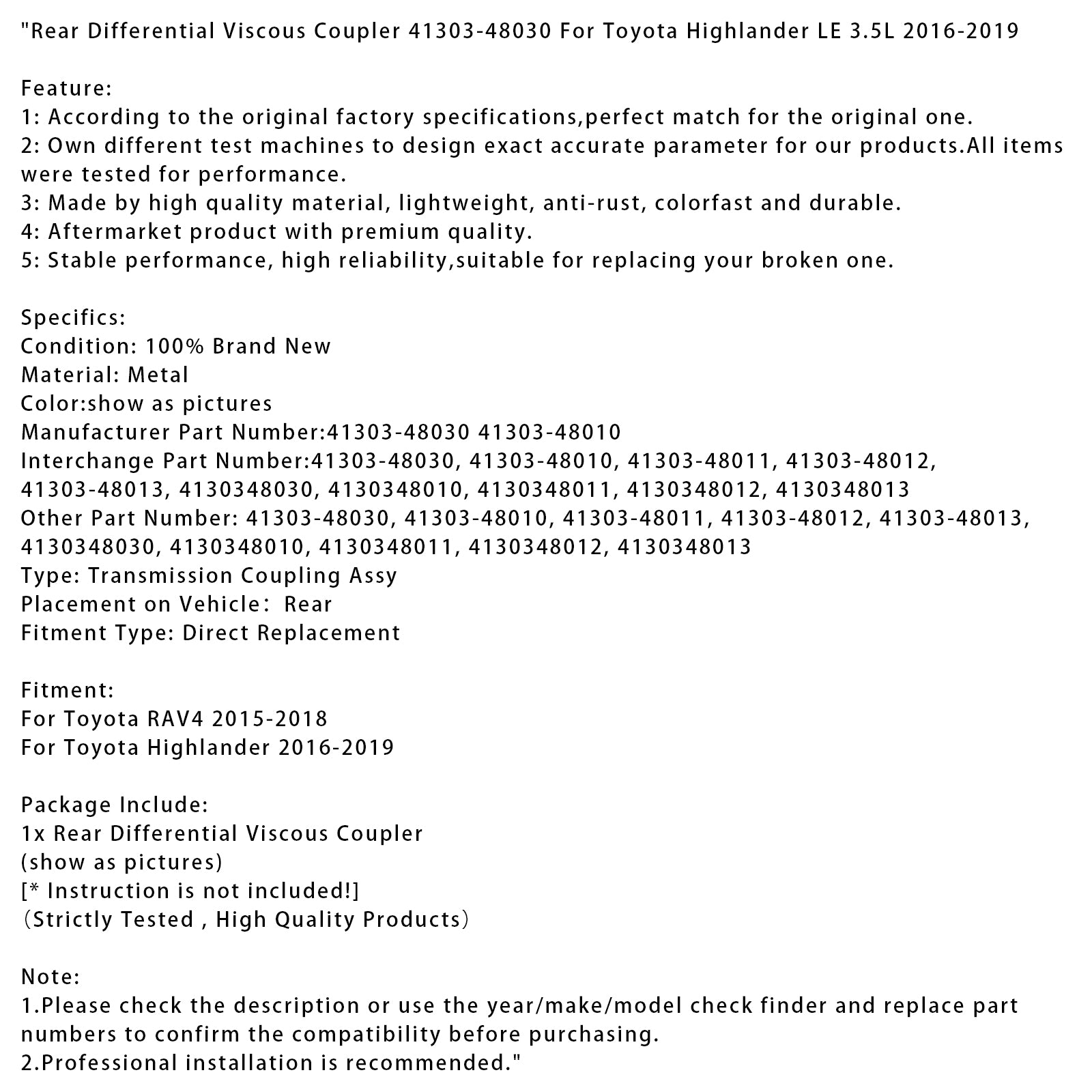 Coupleur visqueux différentiel arrière 41303-48030 pour Toyota Highlander LE 3.5L