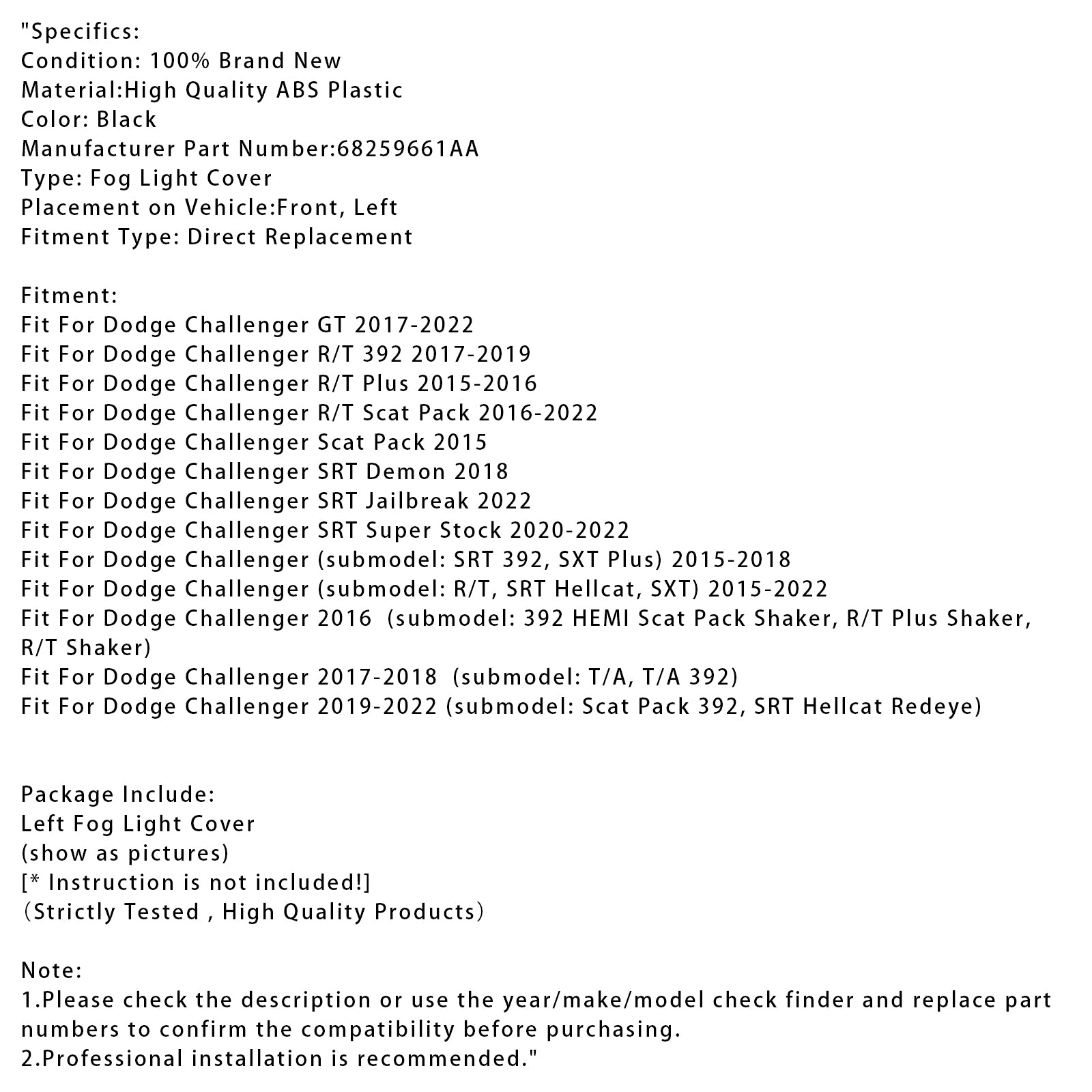 Left Side Fog Light Cover For Dodge Challenger 2015-2022 68259661AA