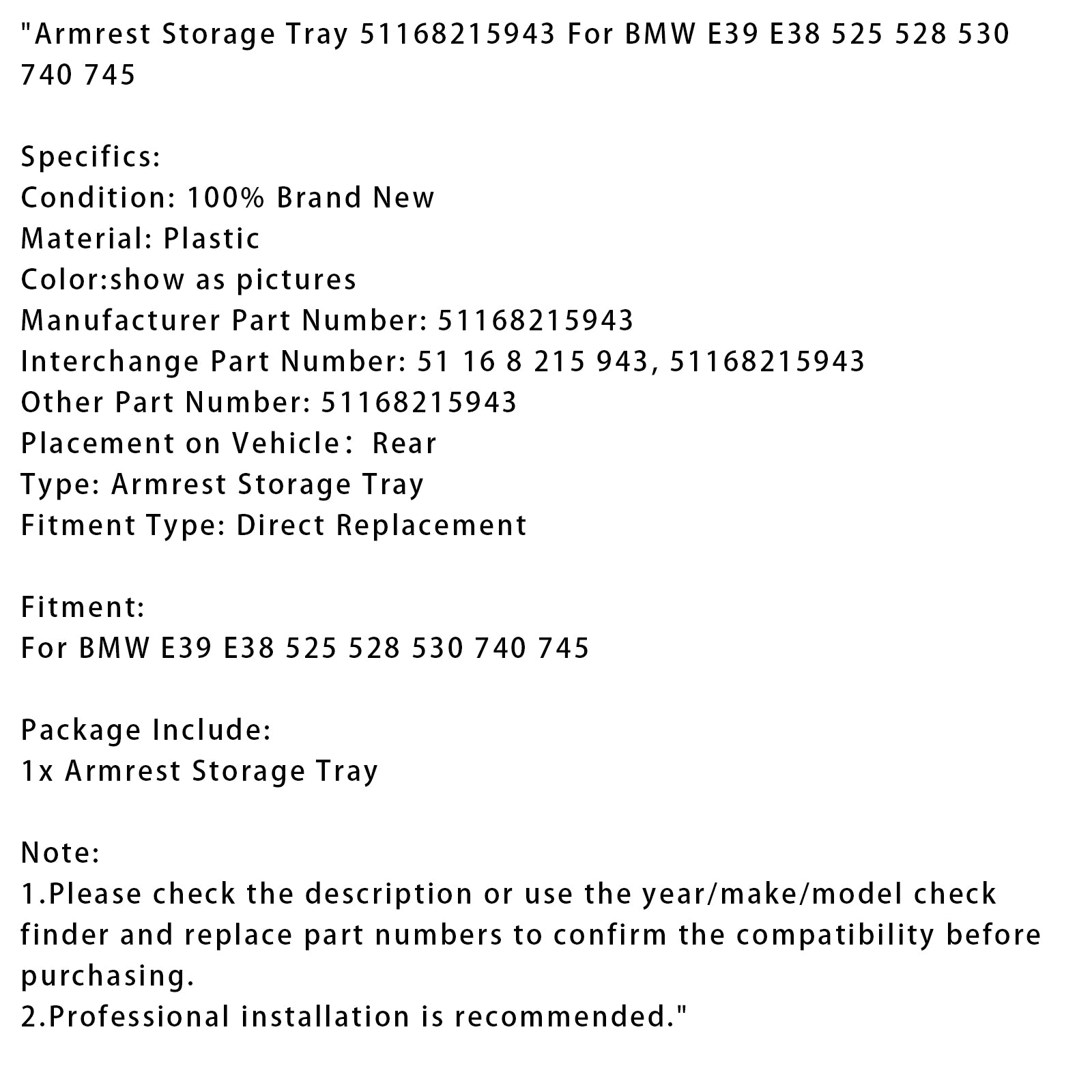 BMW E39 E38 525 528 530 740 745 Opbergbak voor armleuning 51168215943