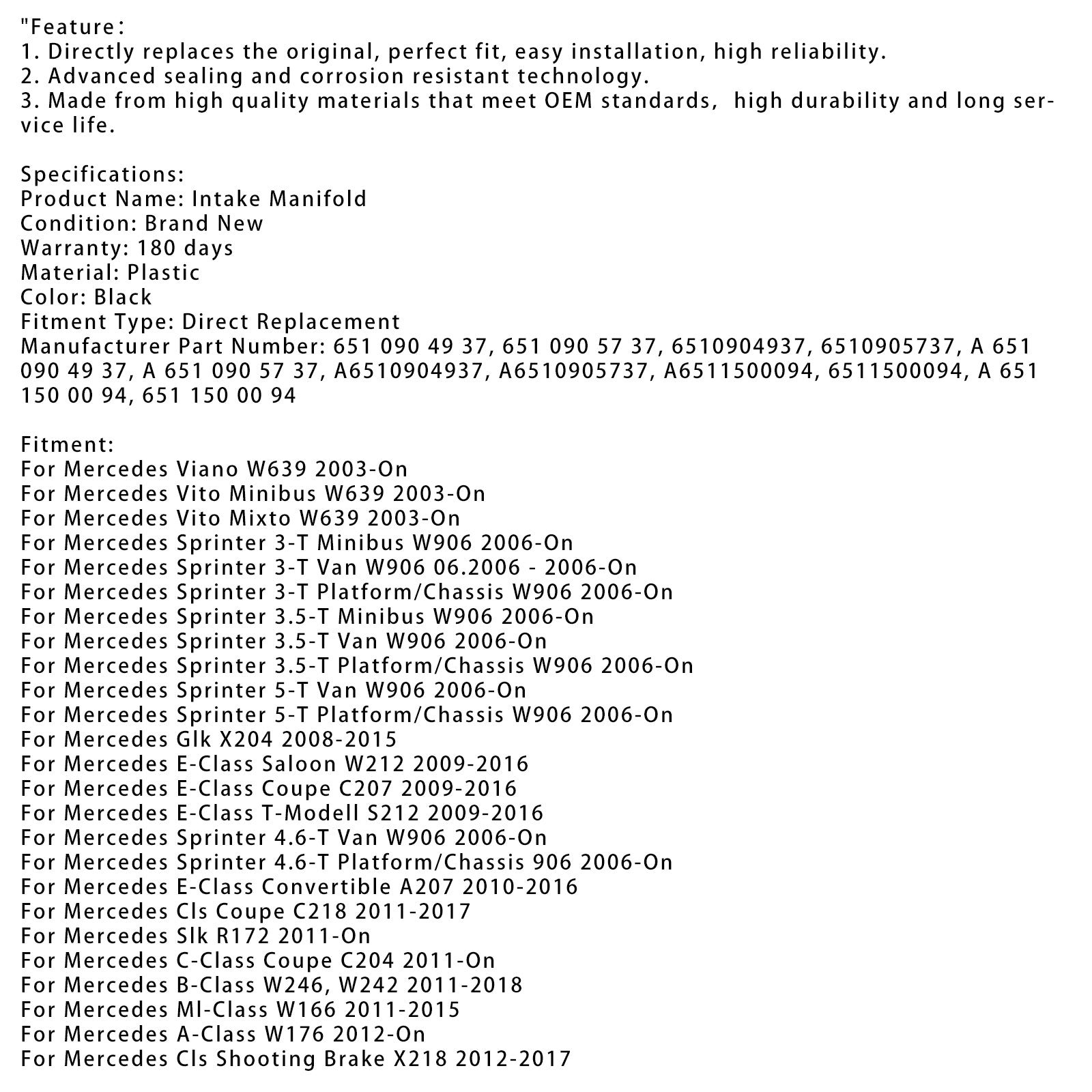 2015-2018 Mercedes Gle Off-Road W166 Inlet Manifold W/ Actuator Motor 6510904937 A6511500094