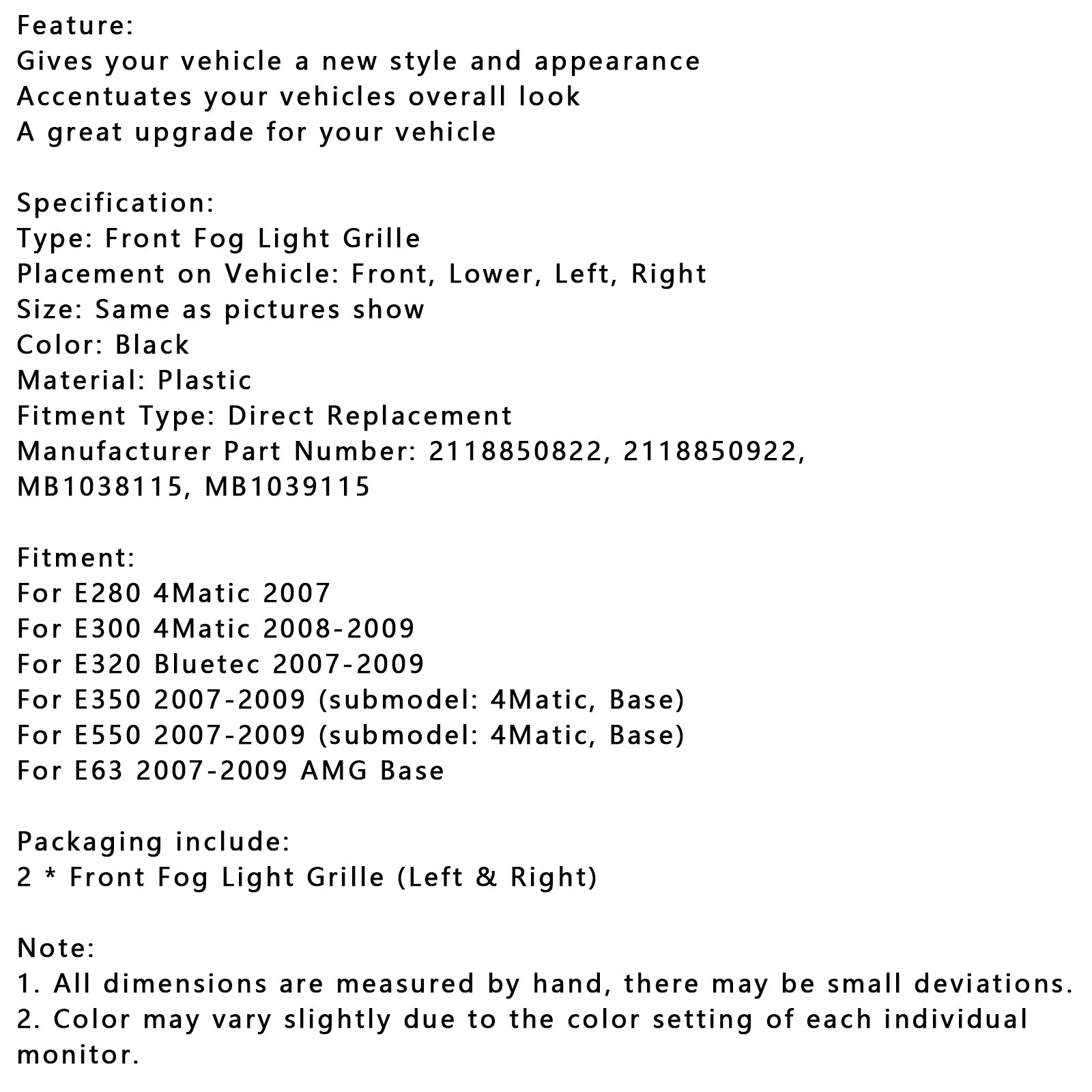 Mercedes Benz triedy E, roky 2008 – 2009 W211 Sada 2-dielnych krytov hmlových svetiel pre E300 4Matic 2118850822 MB1038115