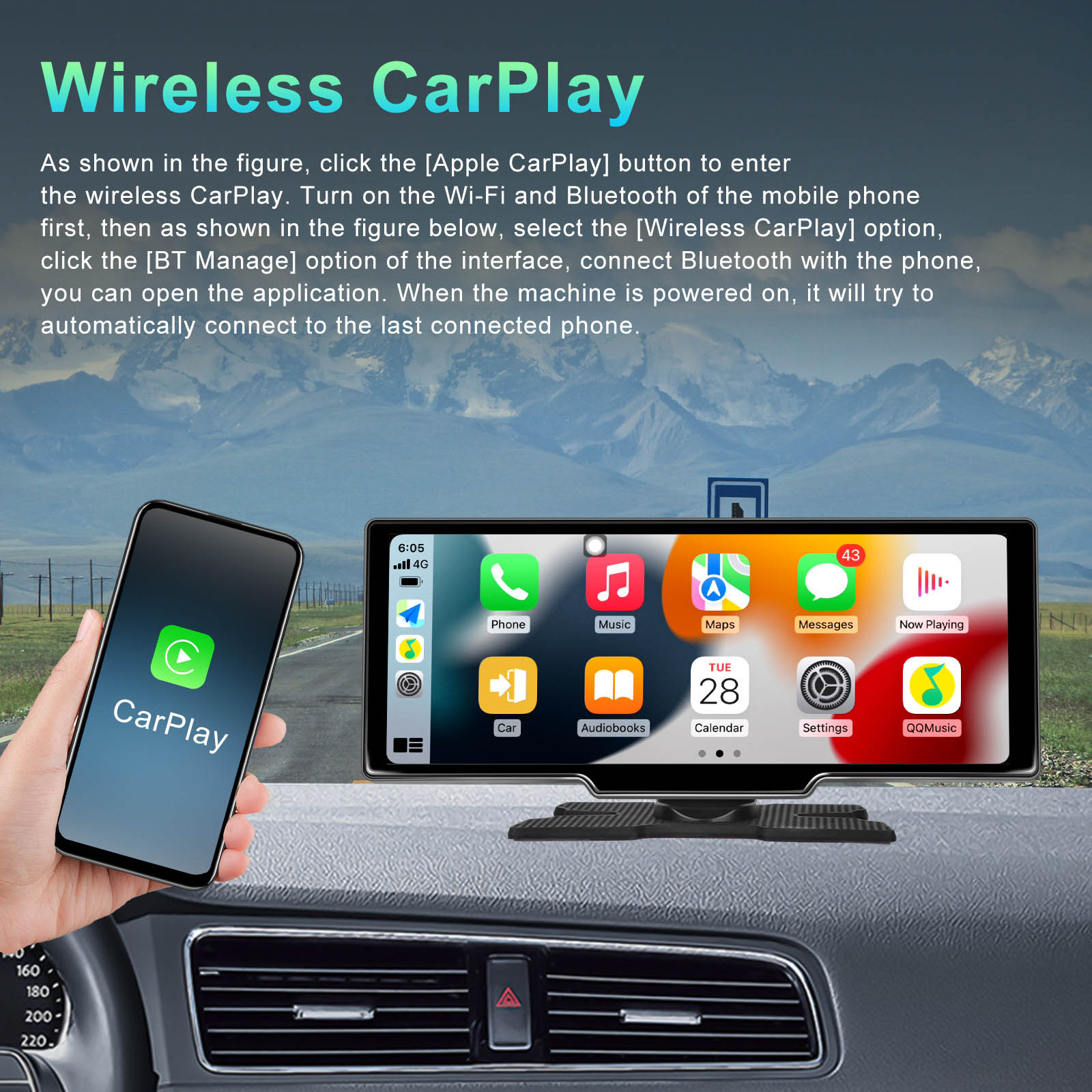 10.26" Draagbare Bluetooth-autonavigatie Draadloze CarPlay HD Groot touchscreen