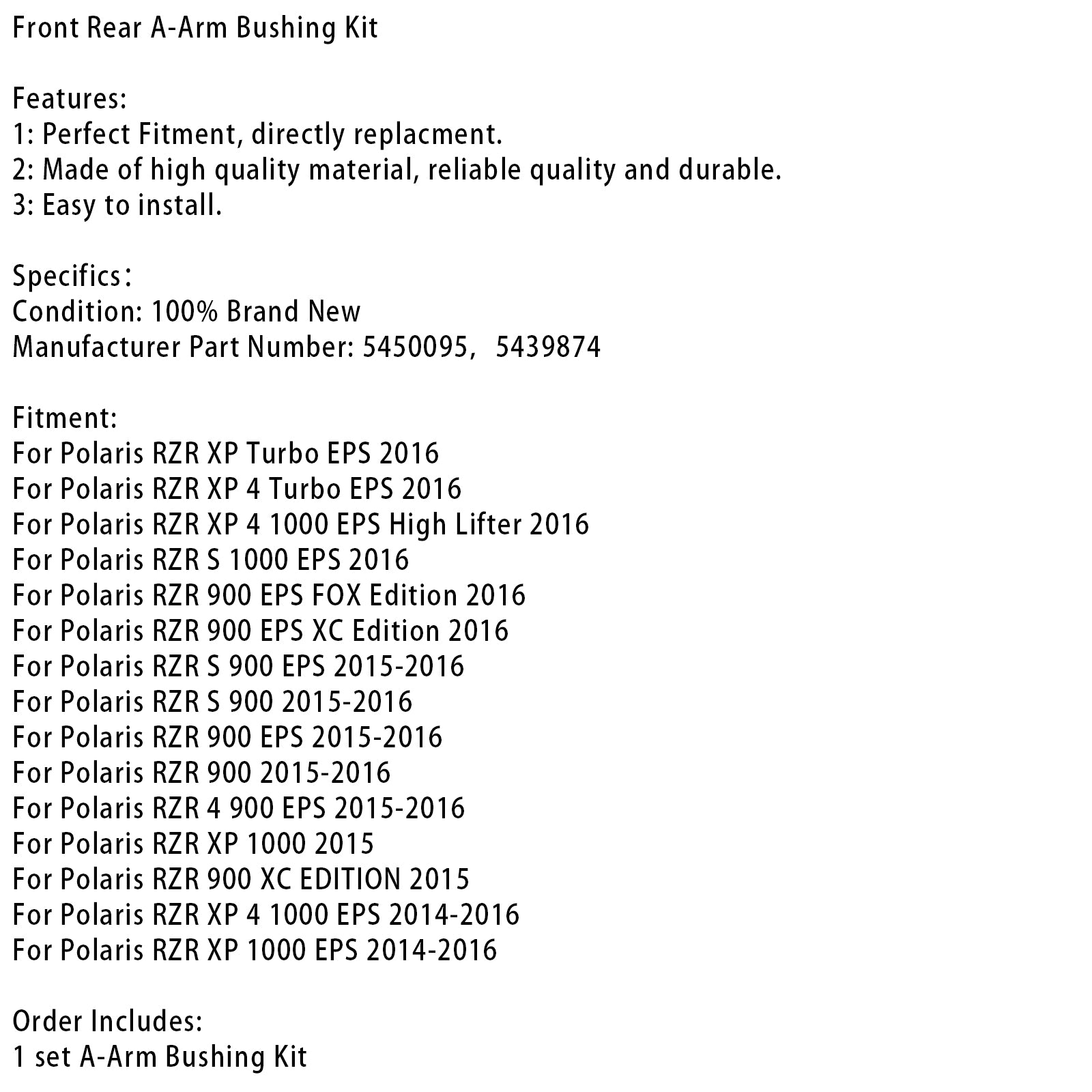 Front Rear Control Arm Bushing Kit For Polaris RZR 900 1000 EPS XP 4 Turbo 5450095 5439874