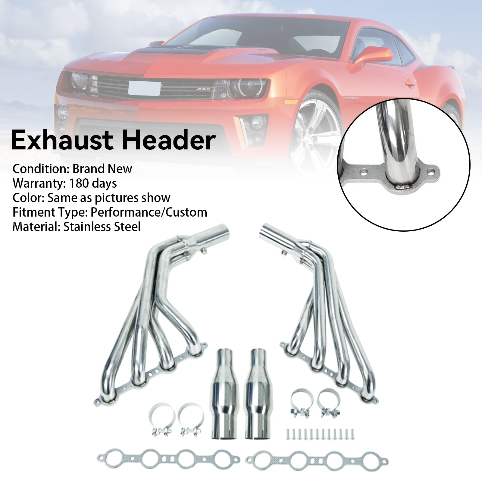 Långt rör i rostfritt grenrör passar Chevy Camaro SS LS3 6.2L V8 2010-2015