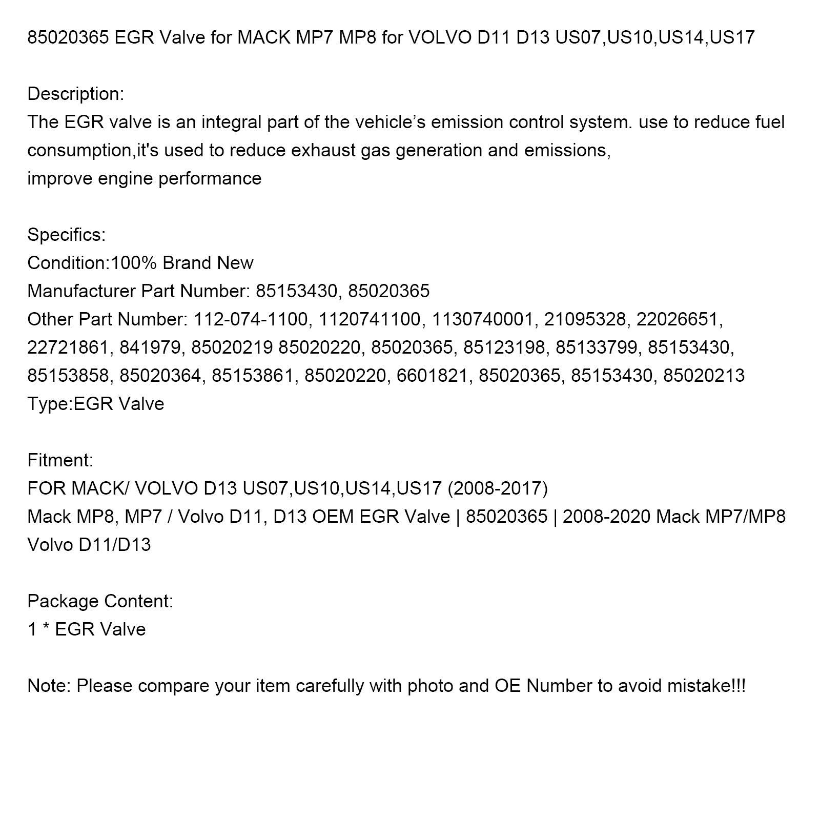 Vanne EGR 85020365 pour MACK MP7 MP8 pour VOLVO D11 D13 US07 US14 US17 US10