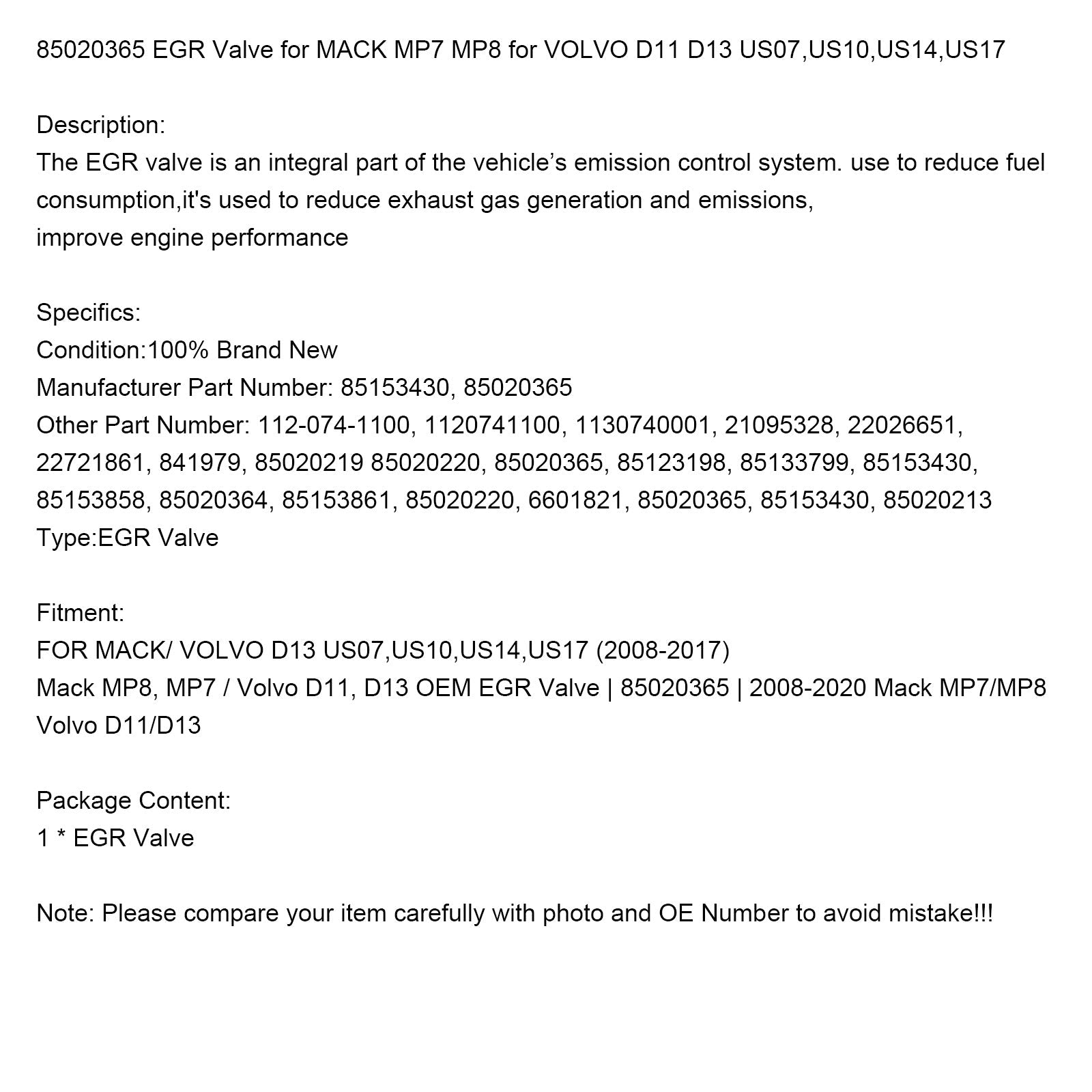 2008-2020 MACK MP7/MP8 Volvo D11/D13 Valve EGR 85020365