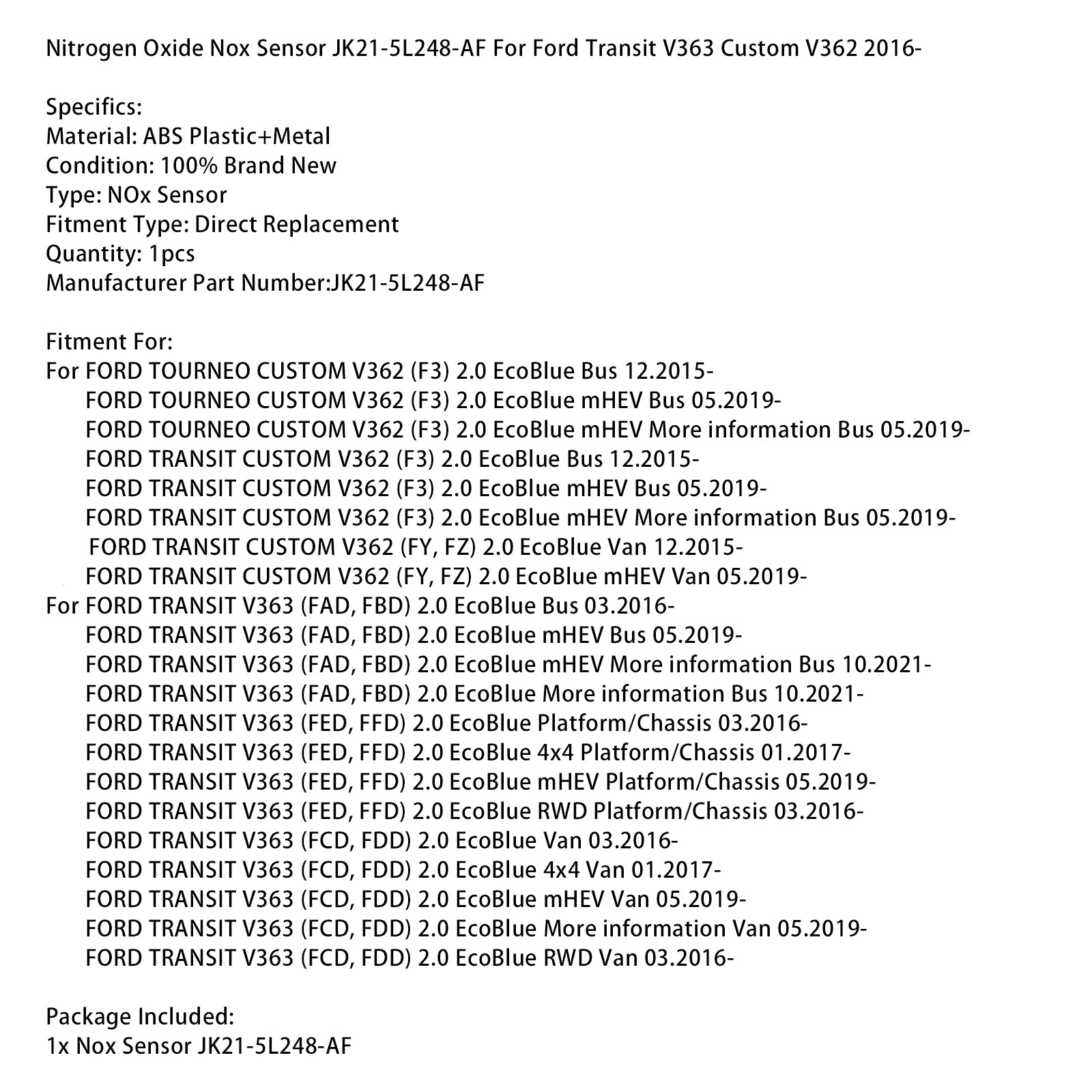 Nitrogen Oxide Nox Sensor JK21-5L248-AF For Ford Transit V363 Custom V362 2016-