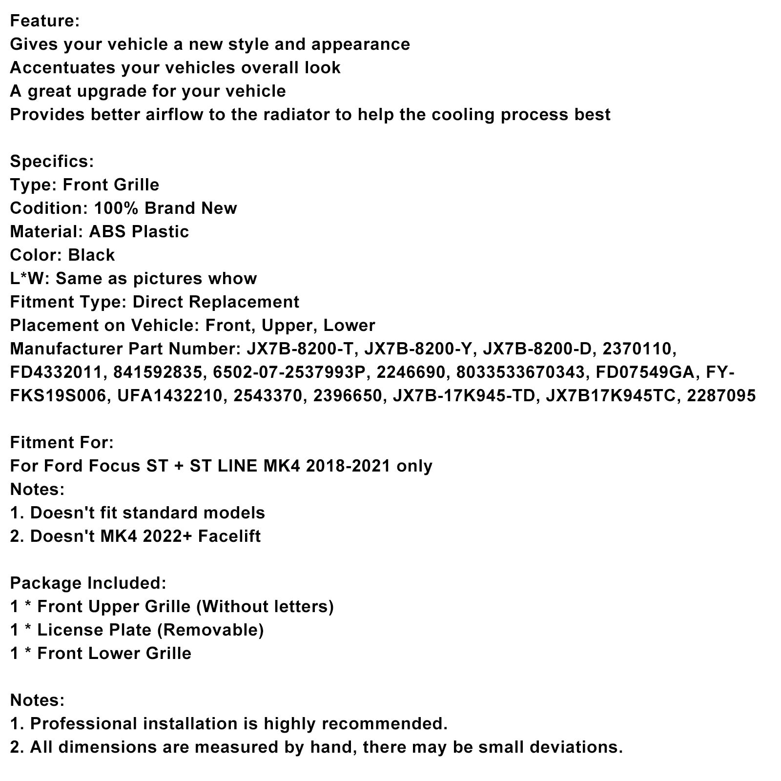 2018-2021 Ford Focus ST + ST LINE MK4 BULLAGE FRANT GRILL BLACK