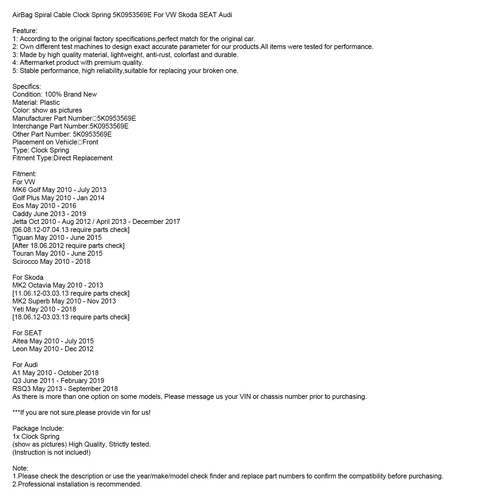 2011 -2019 Audi Q3 AirBag Spiral Cable Clock Spring 5K0953569E 5K0953569AH