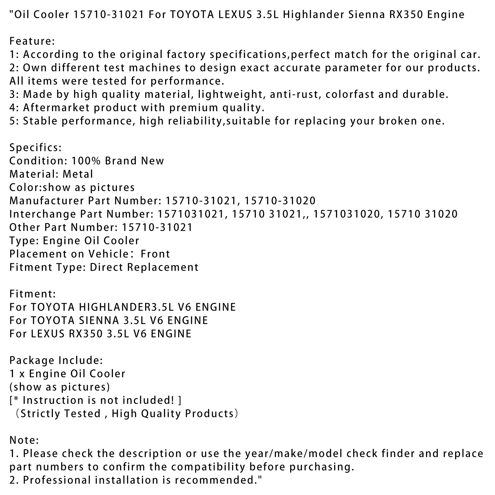 Cooler de óleo 15710-31021 para Toyota Lexus 3.5l Highlander Sienna RX350 Motor