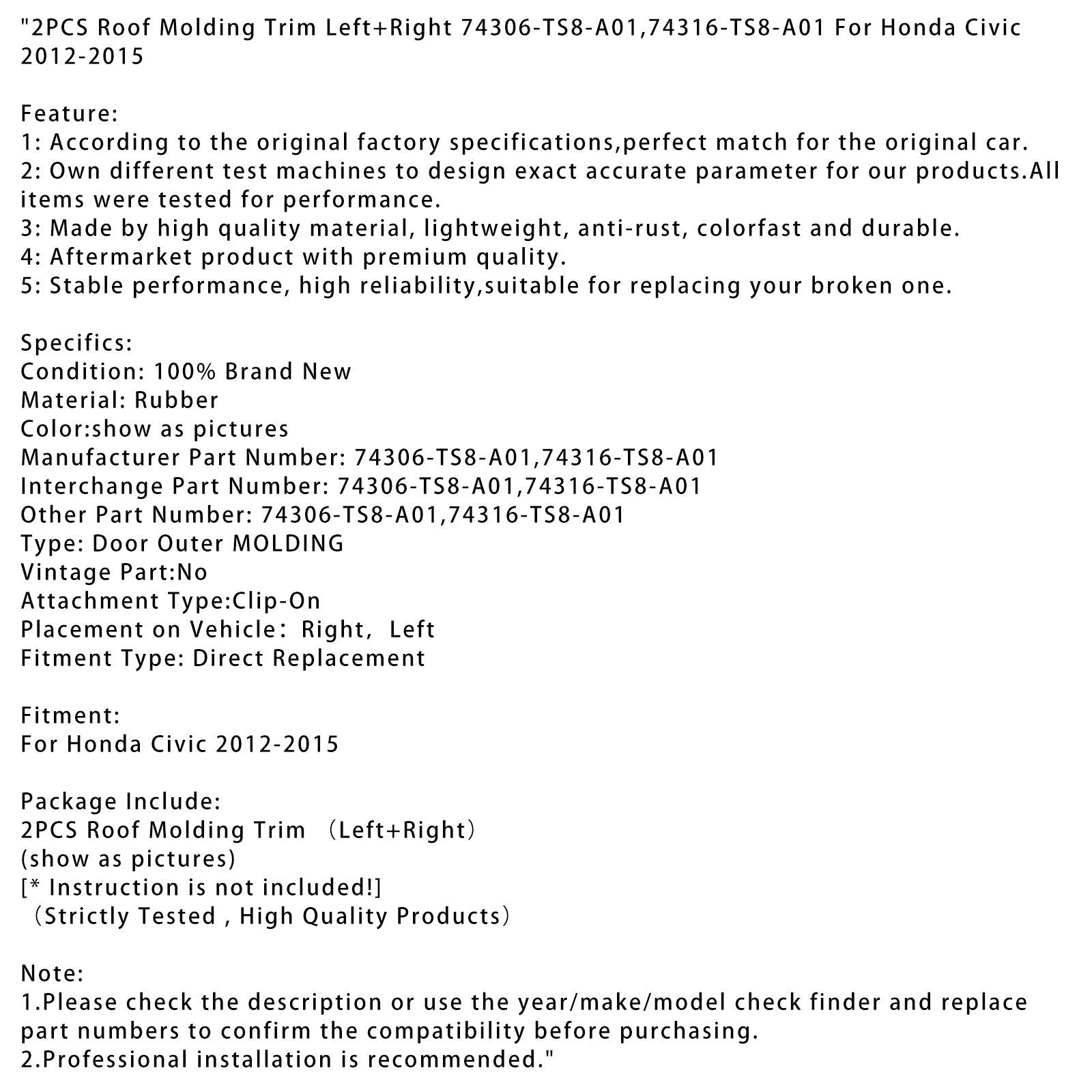 2012-2015 Honda Civic 2PCS Roof Molding Trim Left+Right