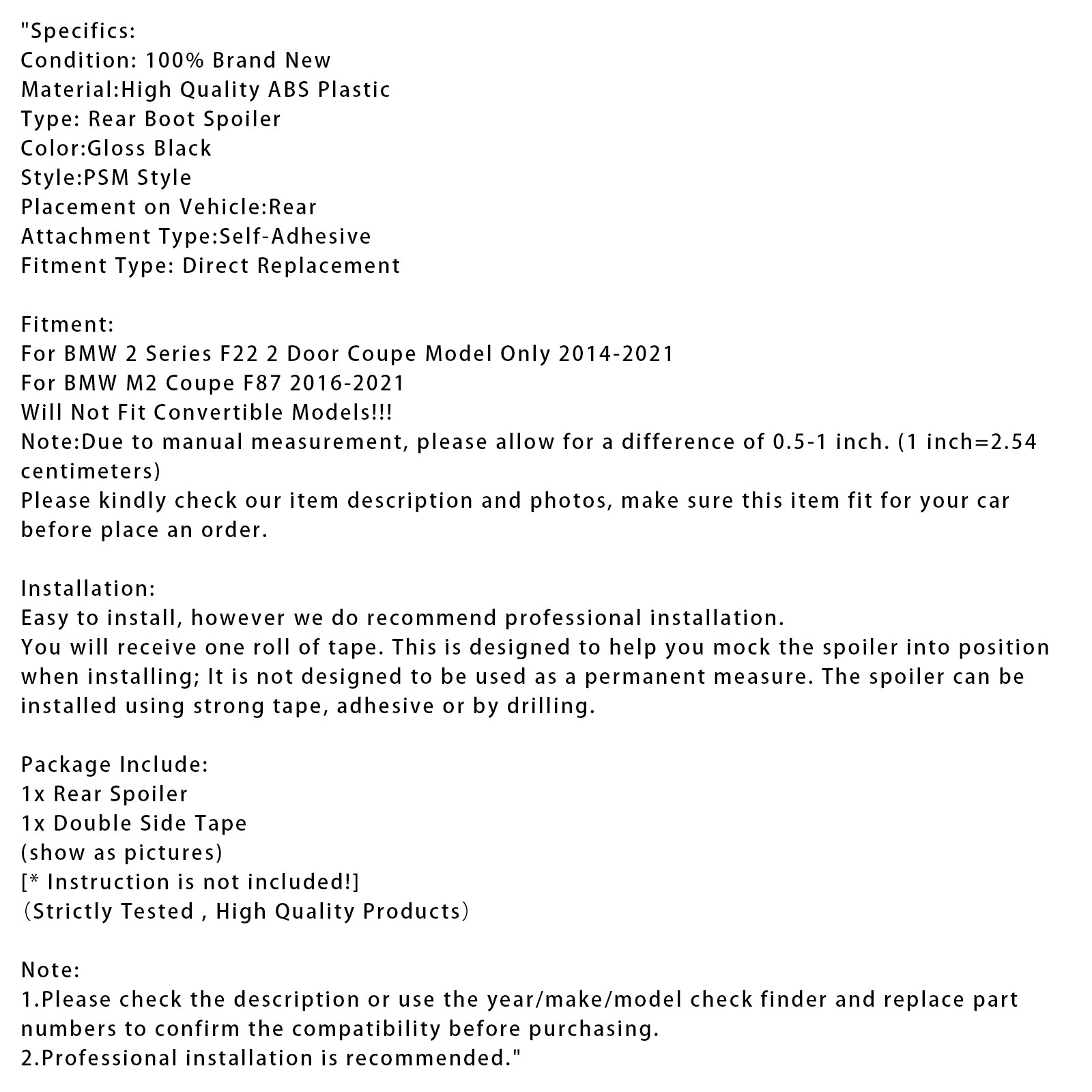 Gloss Black Rear Boot Spoiler For BMW 2 Series F22 F87 14-21 Coupe PSM Style