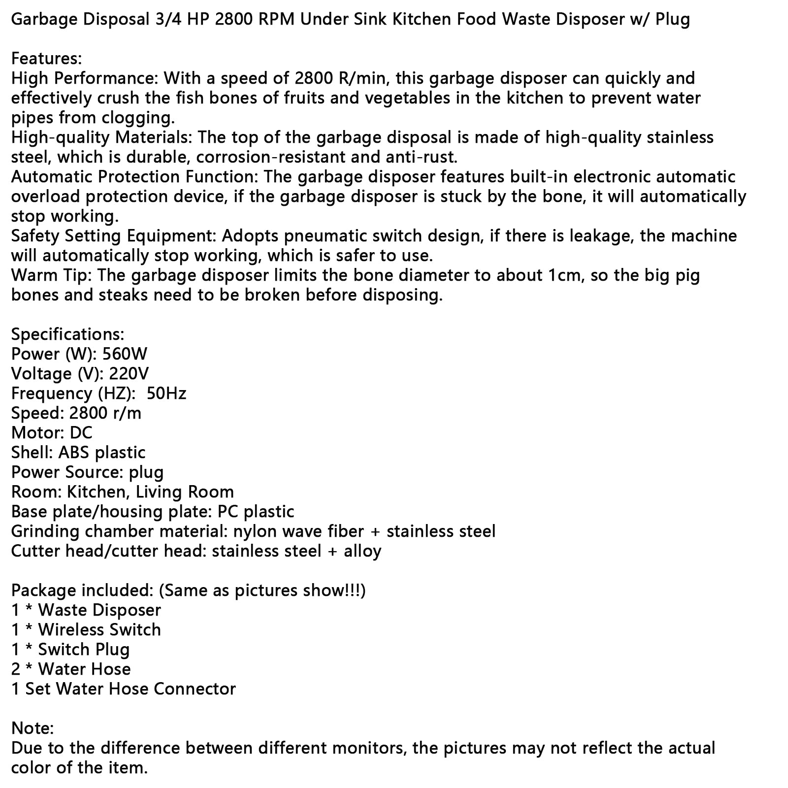 Afvalverwijdering 3/4 HP 2800 RPM Onder gootsteen Keuken Voedselafvalverwijderaar met stekker