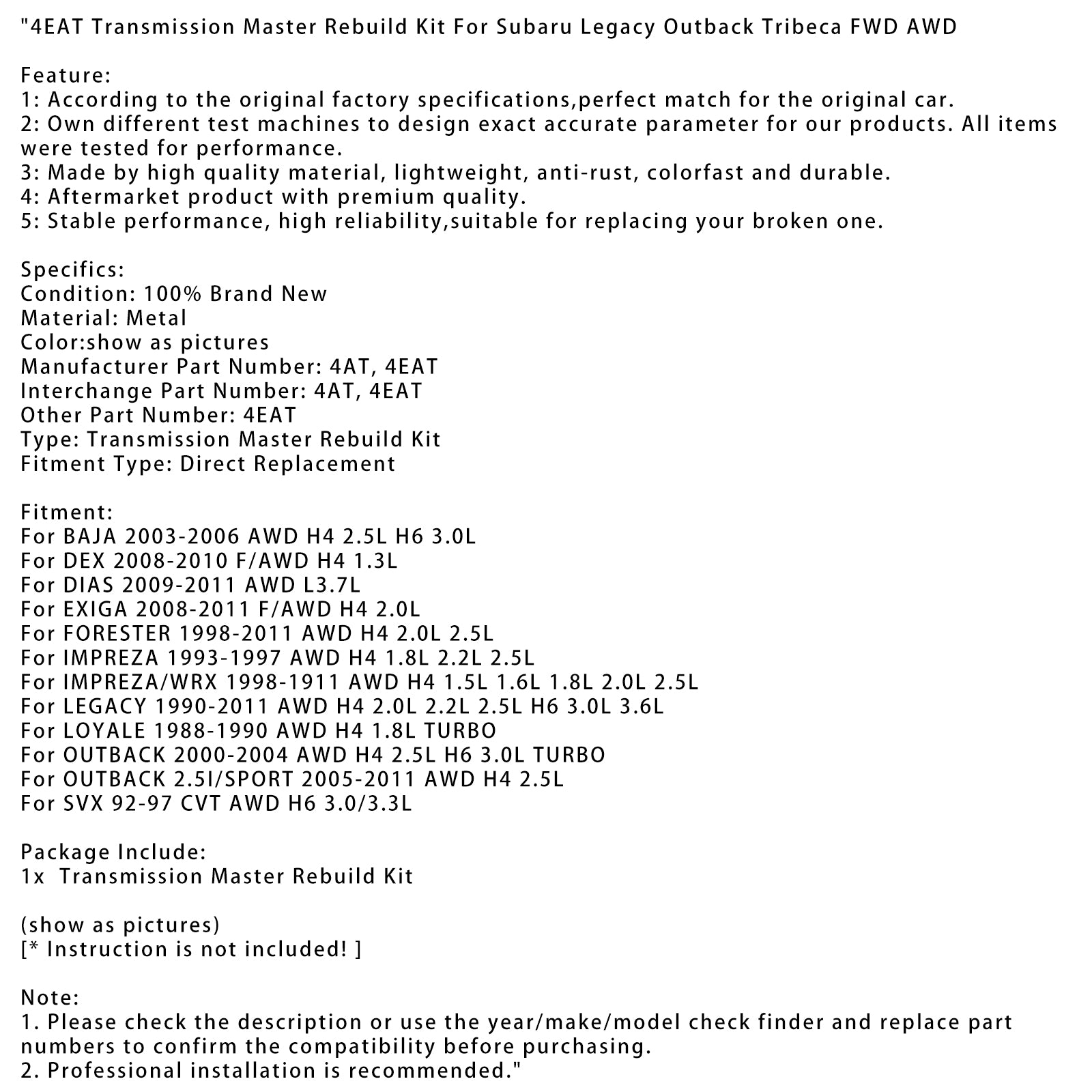 2008-2010 DEX F/AWD H4 1.3L 4EAT transmissiemaster-revisieset