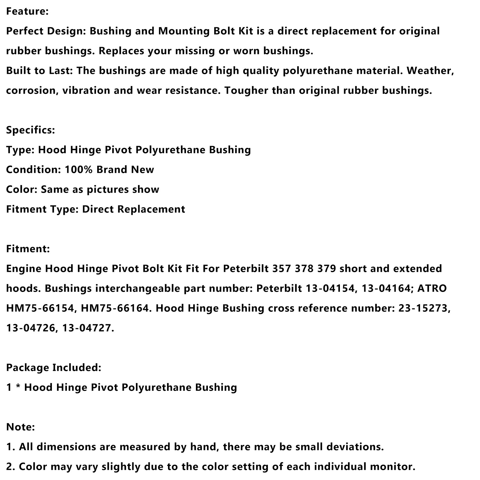 Hood Hinge Pivot Bushing Kit Montering Bolt 13-04154 Fit Peterbilt 357 378 379