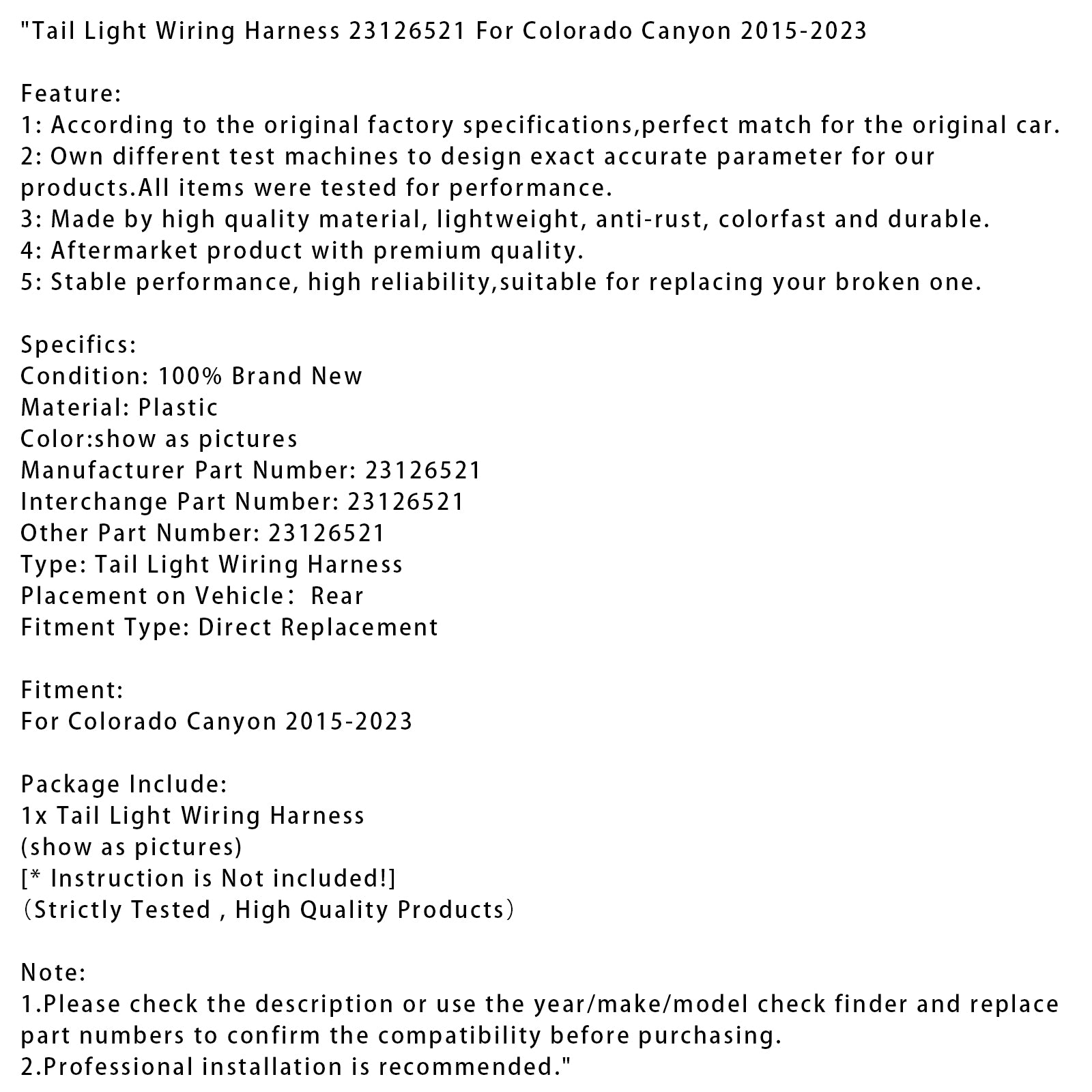 2015-2023 Colorado Canyon Tail Light Wiring Harness 23126521