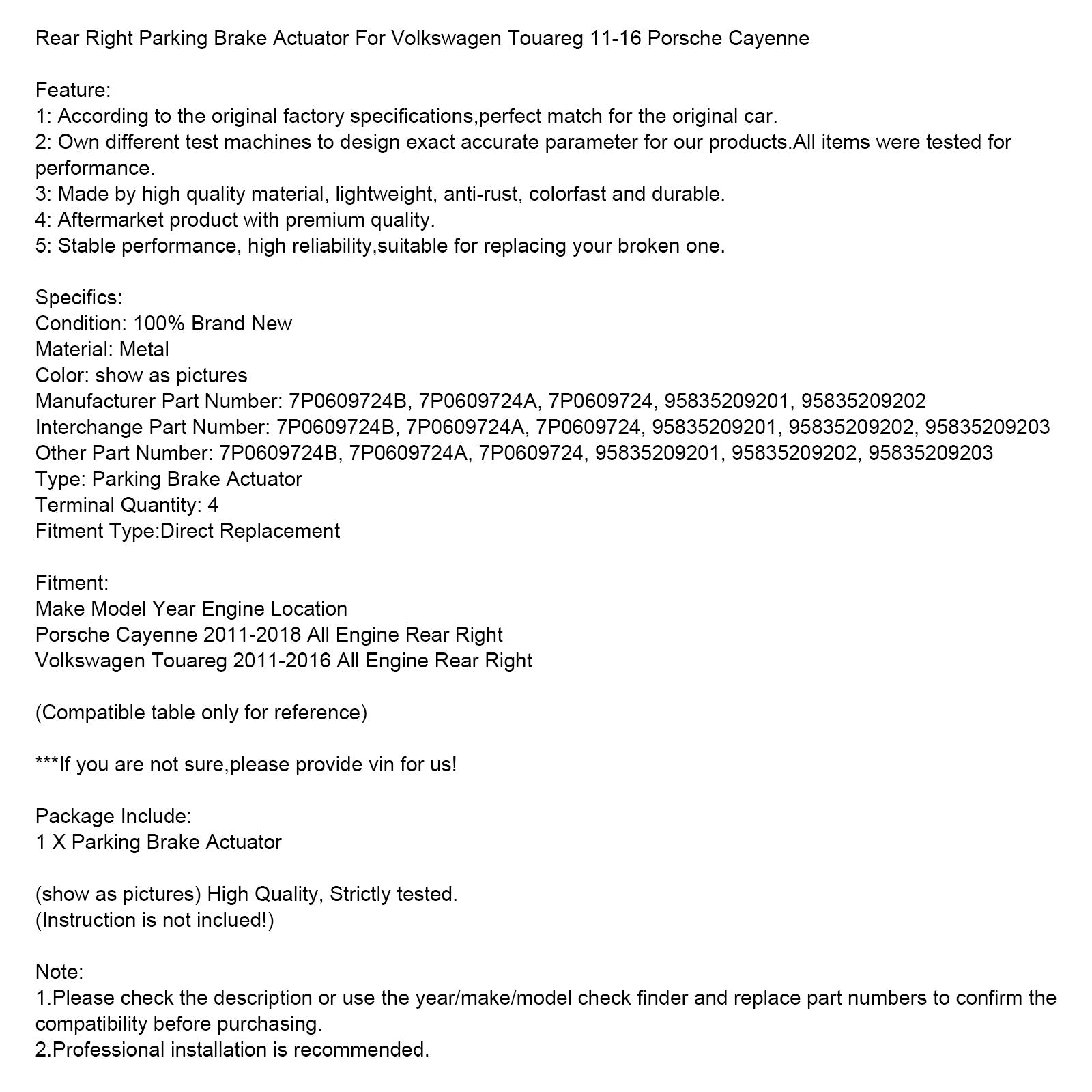 2011-2018 Porsche Cayenne Actuador de freno de estacionamiento trasero derecho 7P0609724A