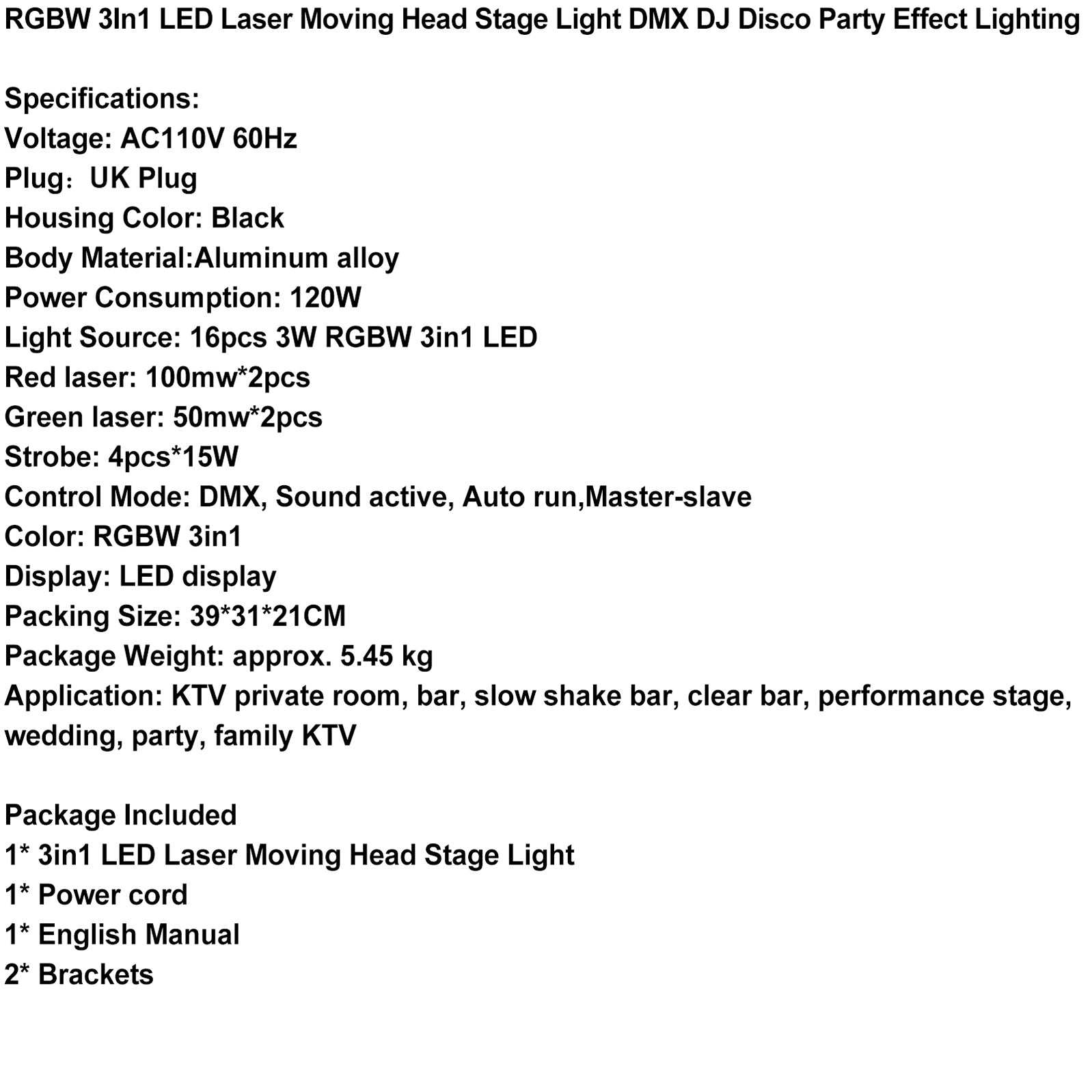 RGBW 3In1 LED Laser Moving Head Scenljus DMX DJ Disco Party Effect Lighting