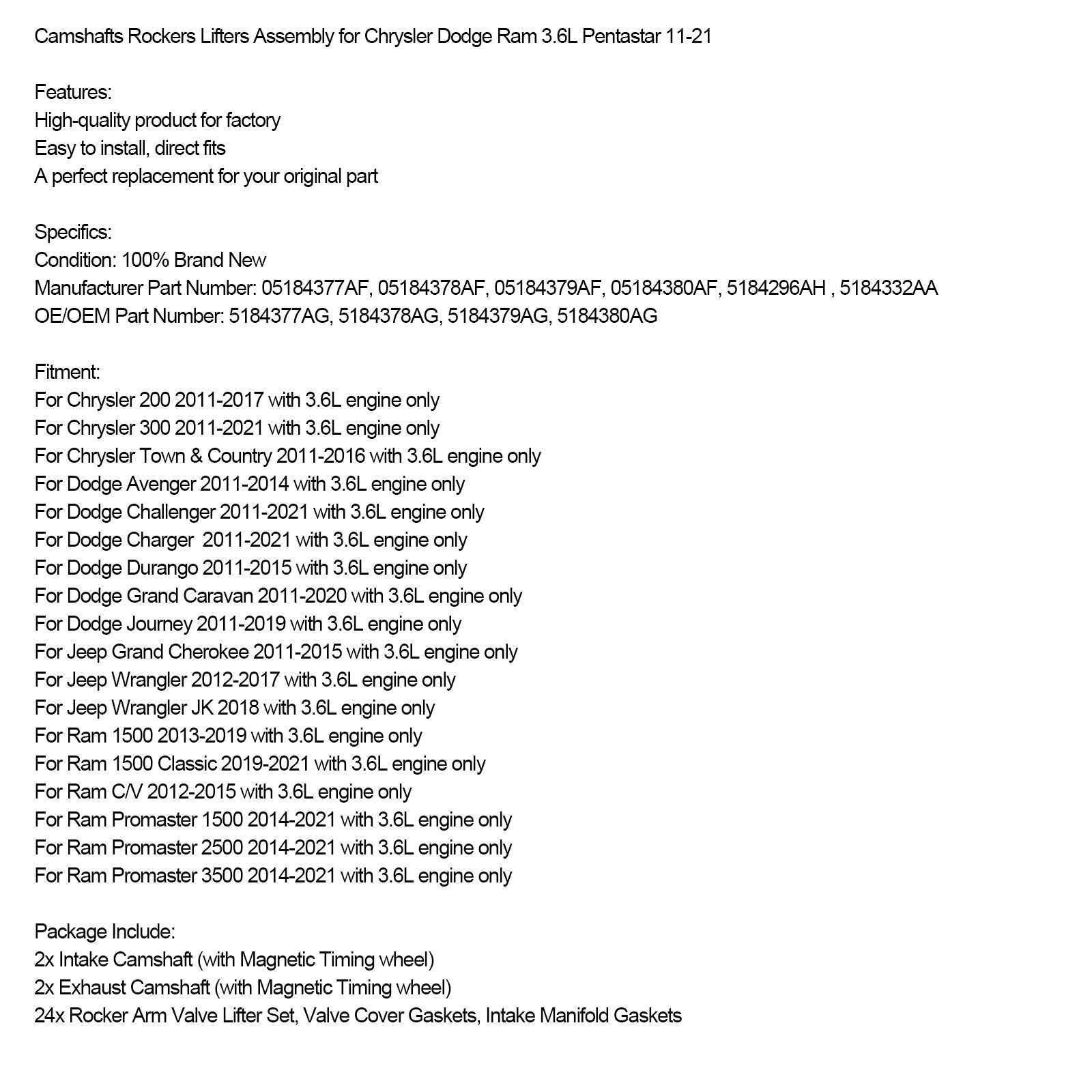 2019-2021 RAM 1500 Classic 3,6L Motor Cam hriadeľ Rockers Rockers Zostava 05184377AF