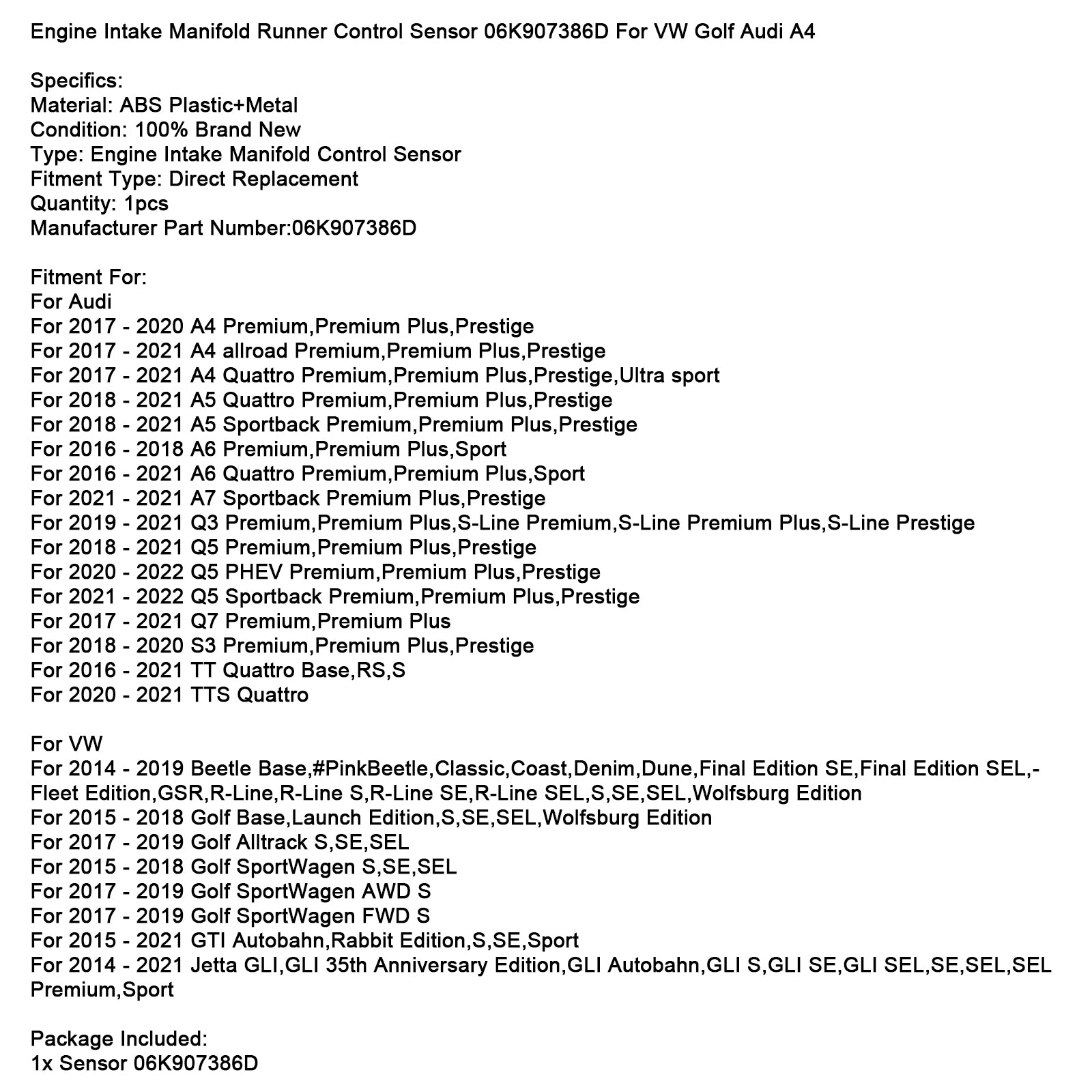 Sensor de control del corredor del colector de admisión del motor 06K907386D para VW Golf Audi A4