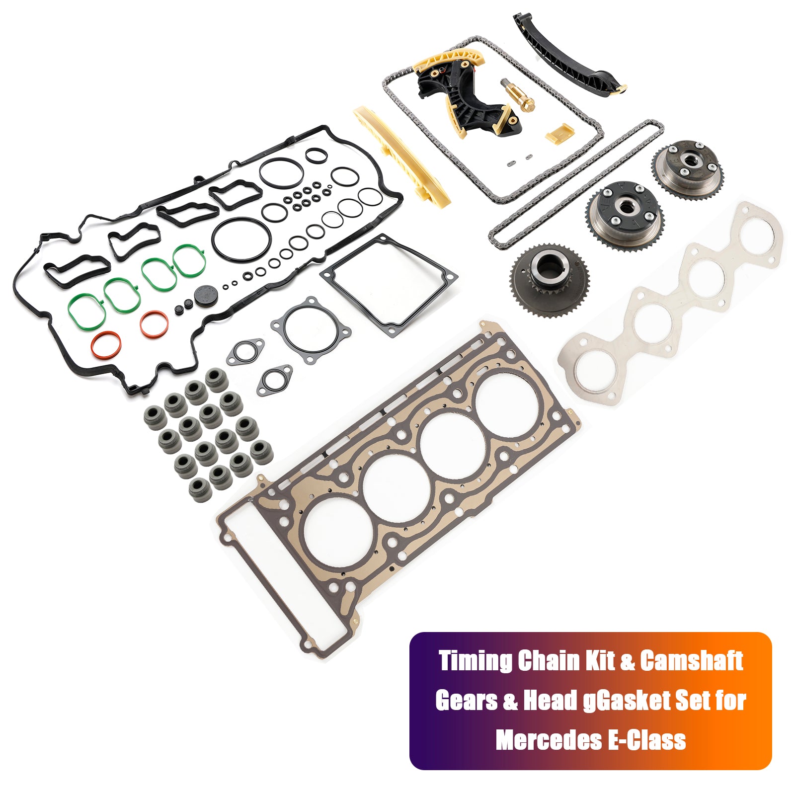 Kit de corrente de distribuição para Mercedes-Benz E-Klasse T-Model S211 E 200 Kompressor 2006/04-2009/07 & Engrenagens do eixo de comando & Conjunto de juntas de cabeçote 2710500647