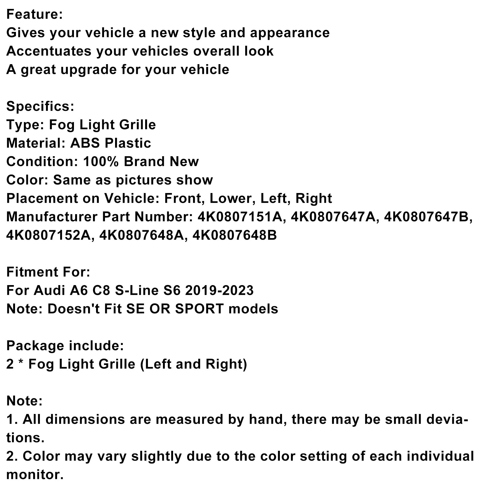 2019-2023 Audi A6 C8 S-Line S6 2PCS Bisel de lámpara de luz antiniebla delantera