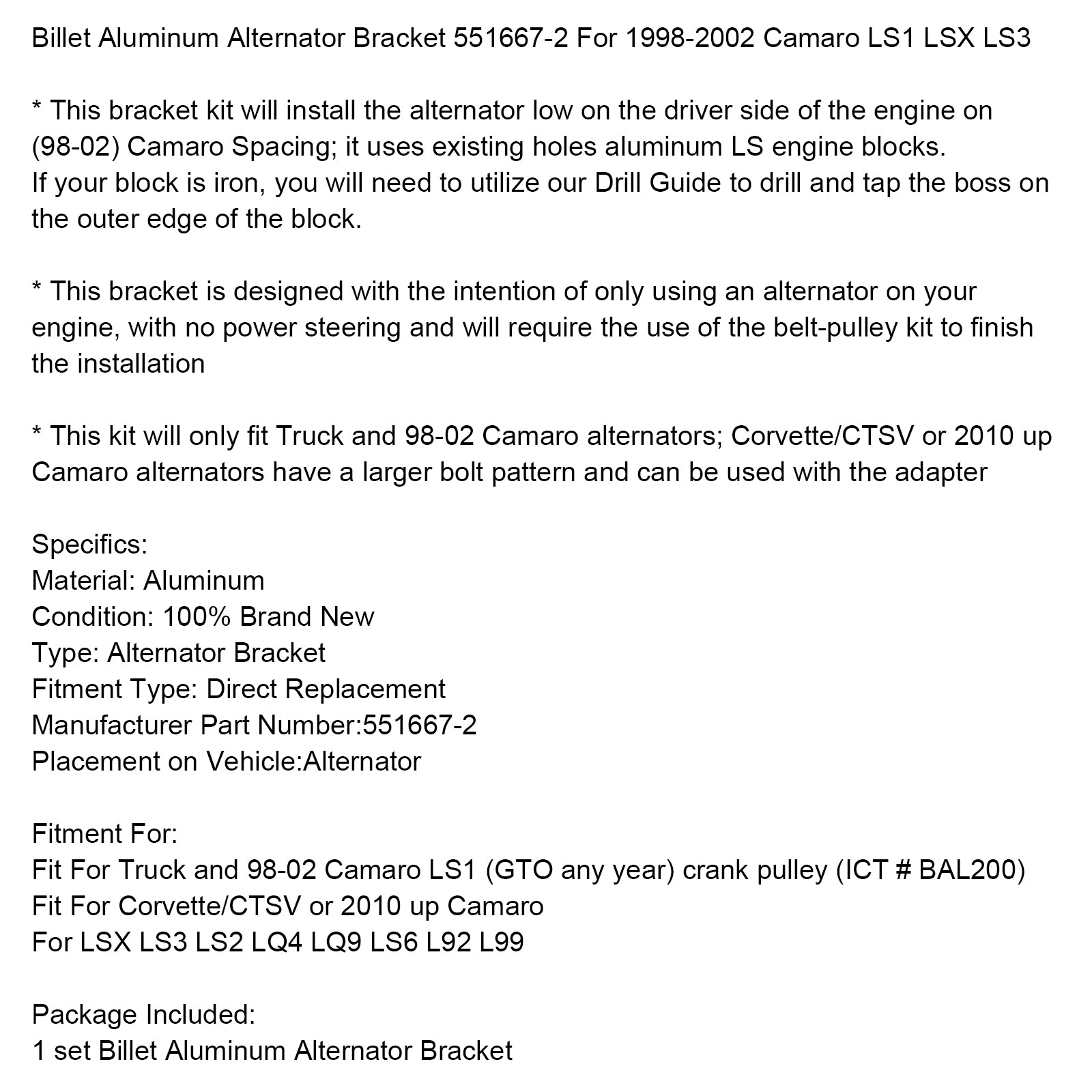 Billet aluminium dynamobeugel 551667-2 voor 1998-2002 Camaro LS1 LSX LS3
