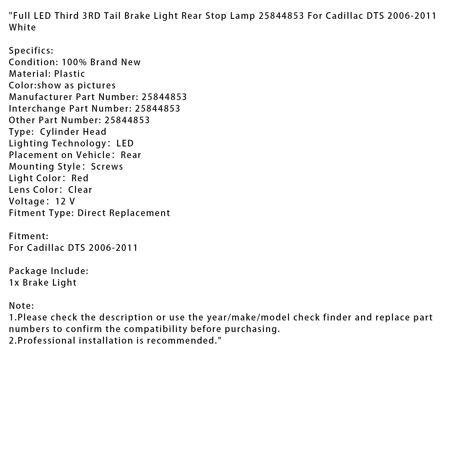 2006-2011 Cadillac DTS Full LED TROISIÈME 3RD TOUR LEULLE DE FREIN DE FEU ARRÊT LAMPE BLANC 25844853