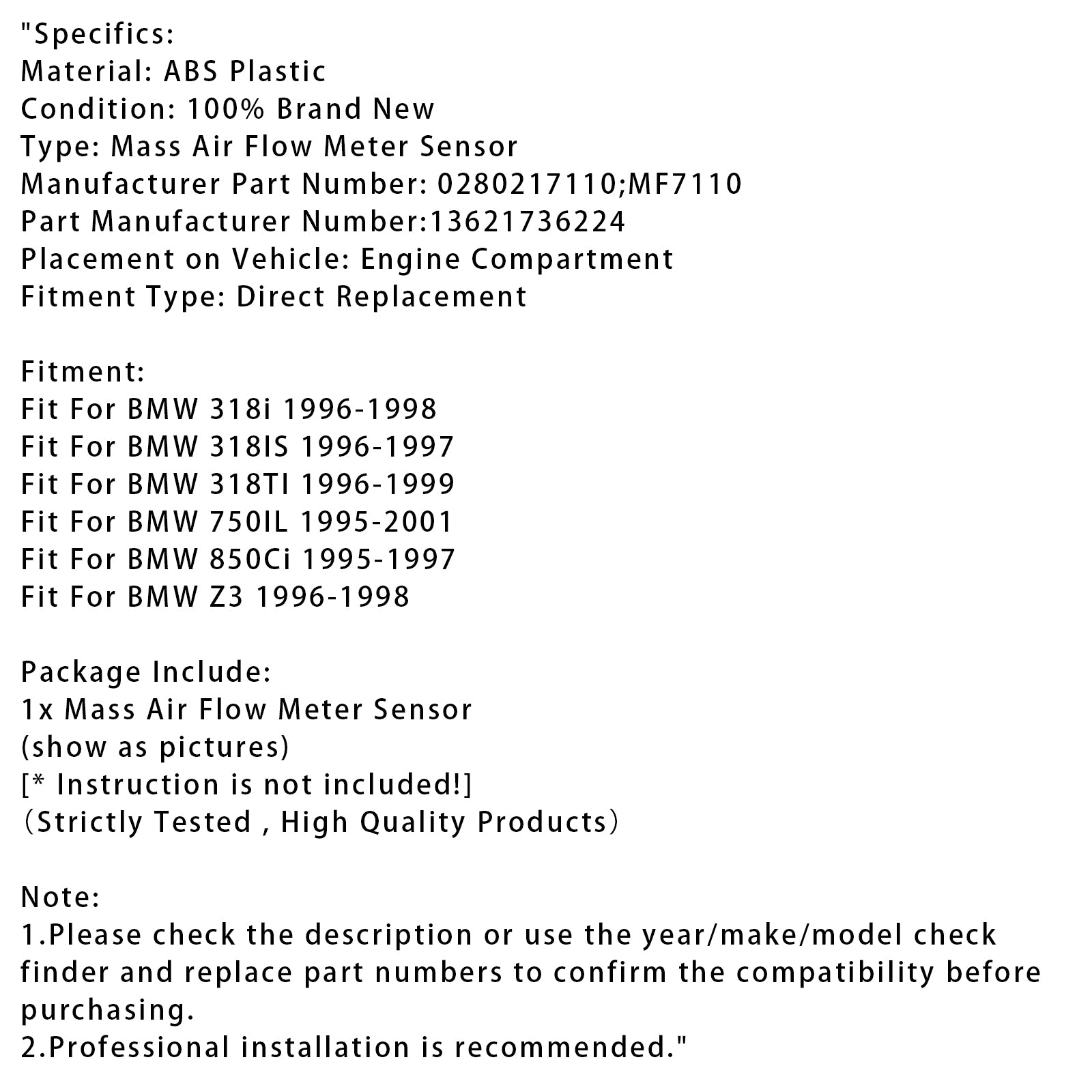 Mass Air Flow Meter Sensor For BMW 318i 318ti 750iL 850Ci Z3 0280217110
