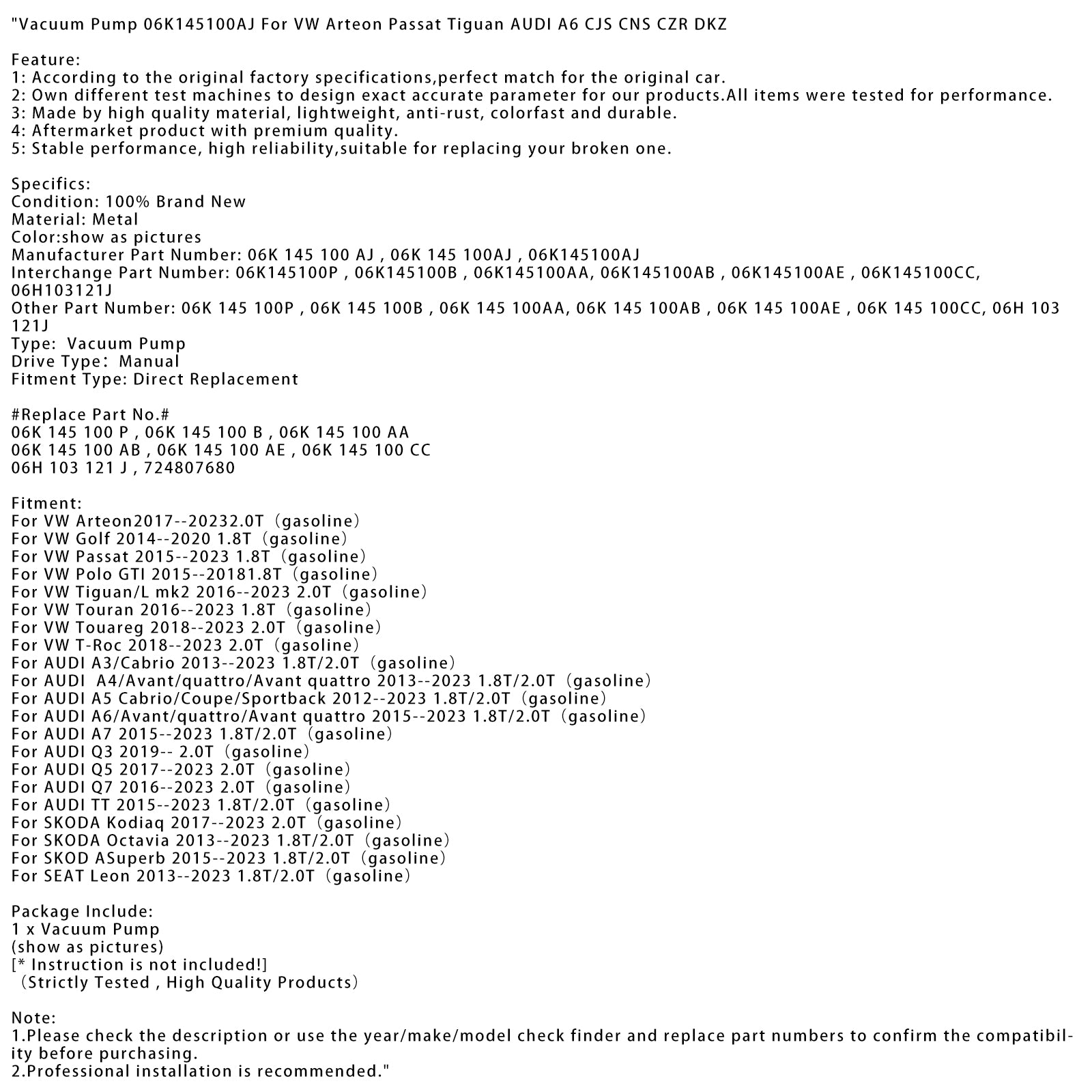 2015-2023 Audi A7 1.8T/2.0T (bensin) vakuumpumpe 06K145100AJ 06K145100P 06K145100CC