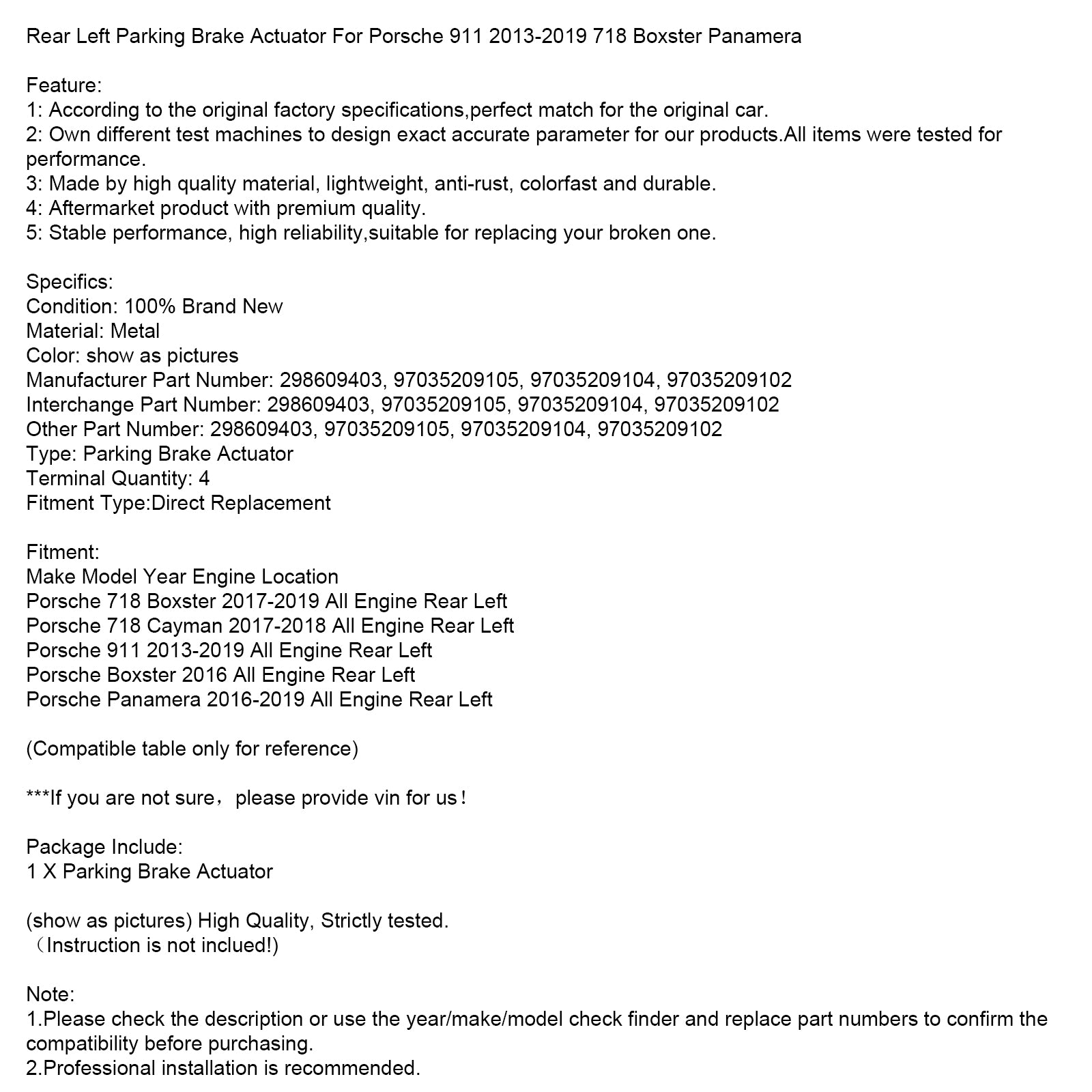 Zadná ľavá parkovacia brzdová ovládač pre Porsche 911 2013-2019 718 Boxster Panamera