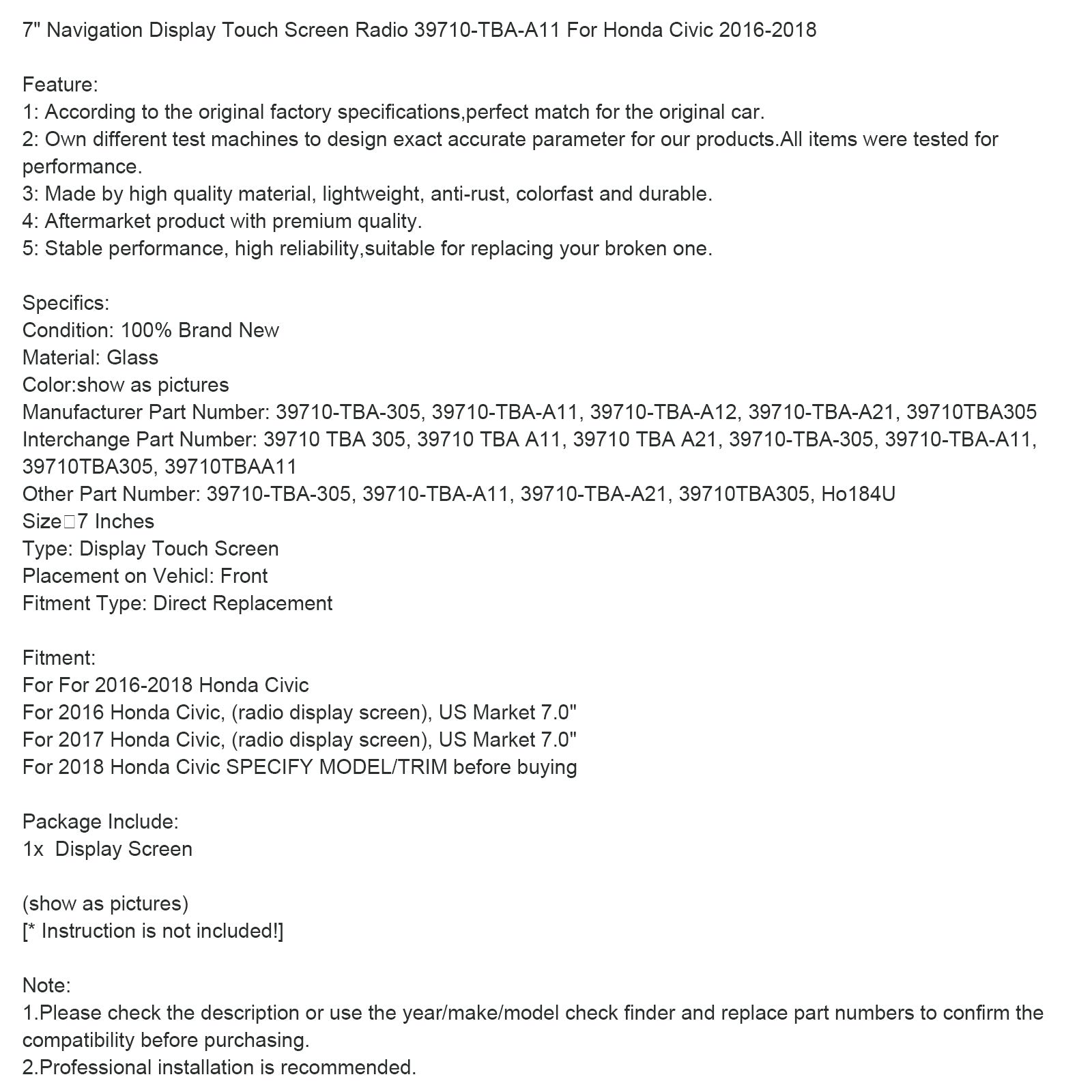 Honda Civic 2016-2018 7" Navigatiedisplay Touchscreen Radio 39710-TBA-A11