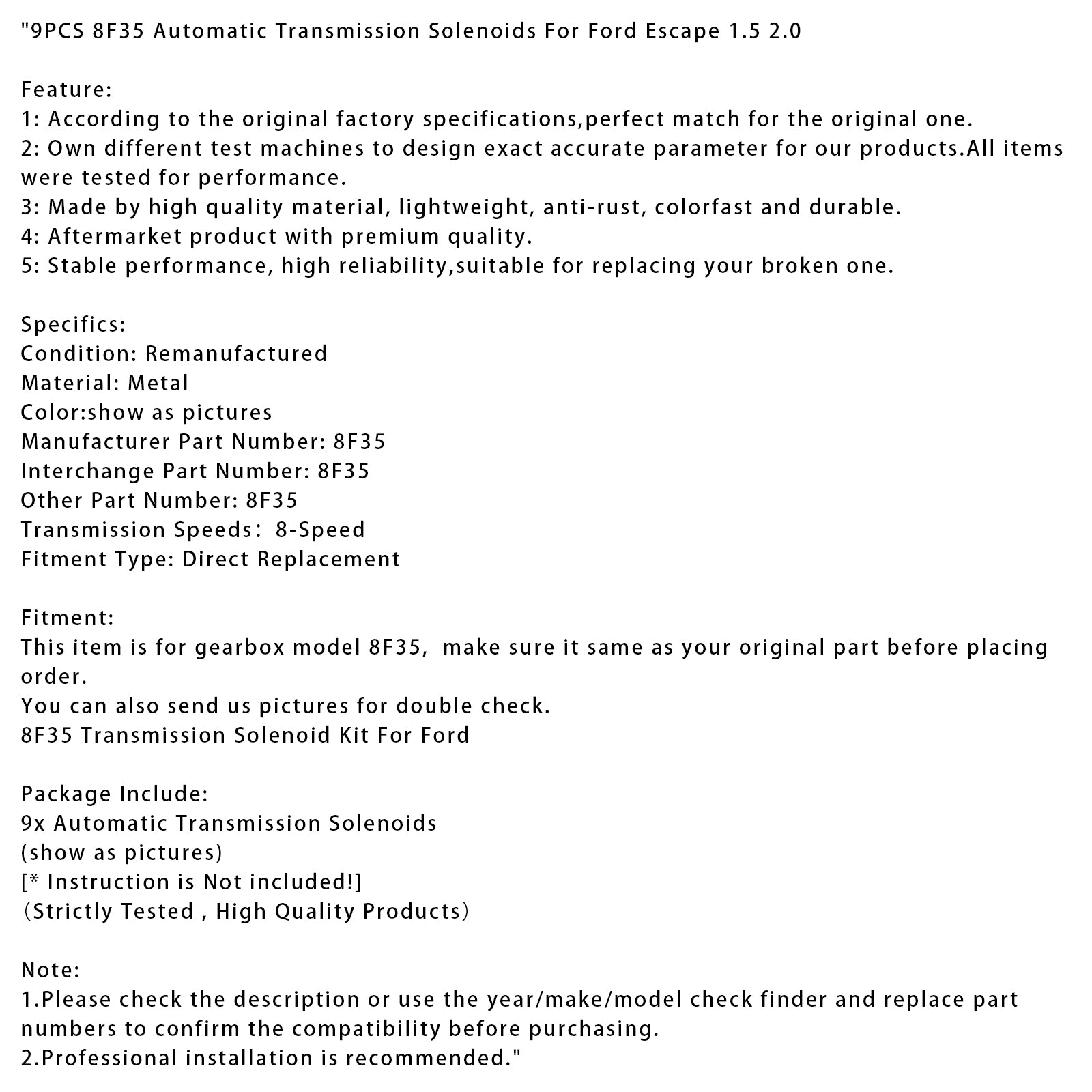 9PCS 8F35 Automatic Transmission Solenoids For Ford Escape 1.5 2.0
