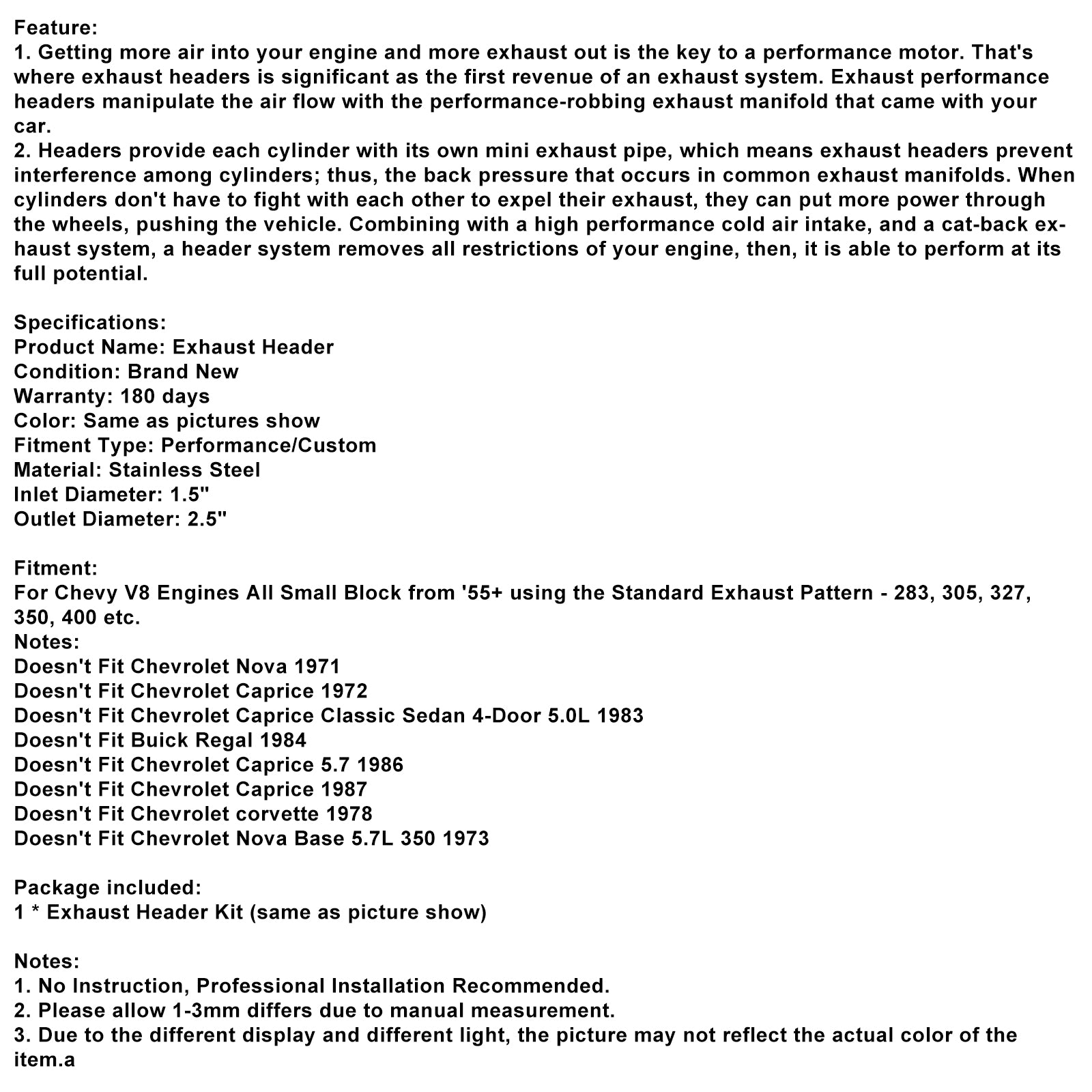 Avgasgrenrör Header Passar Chevy Small Block SB V8 262 265 283 305 327 350 400