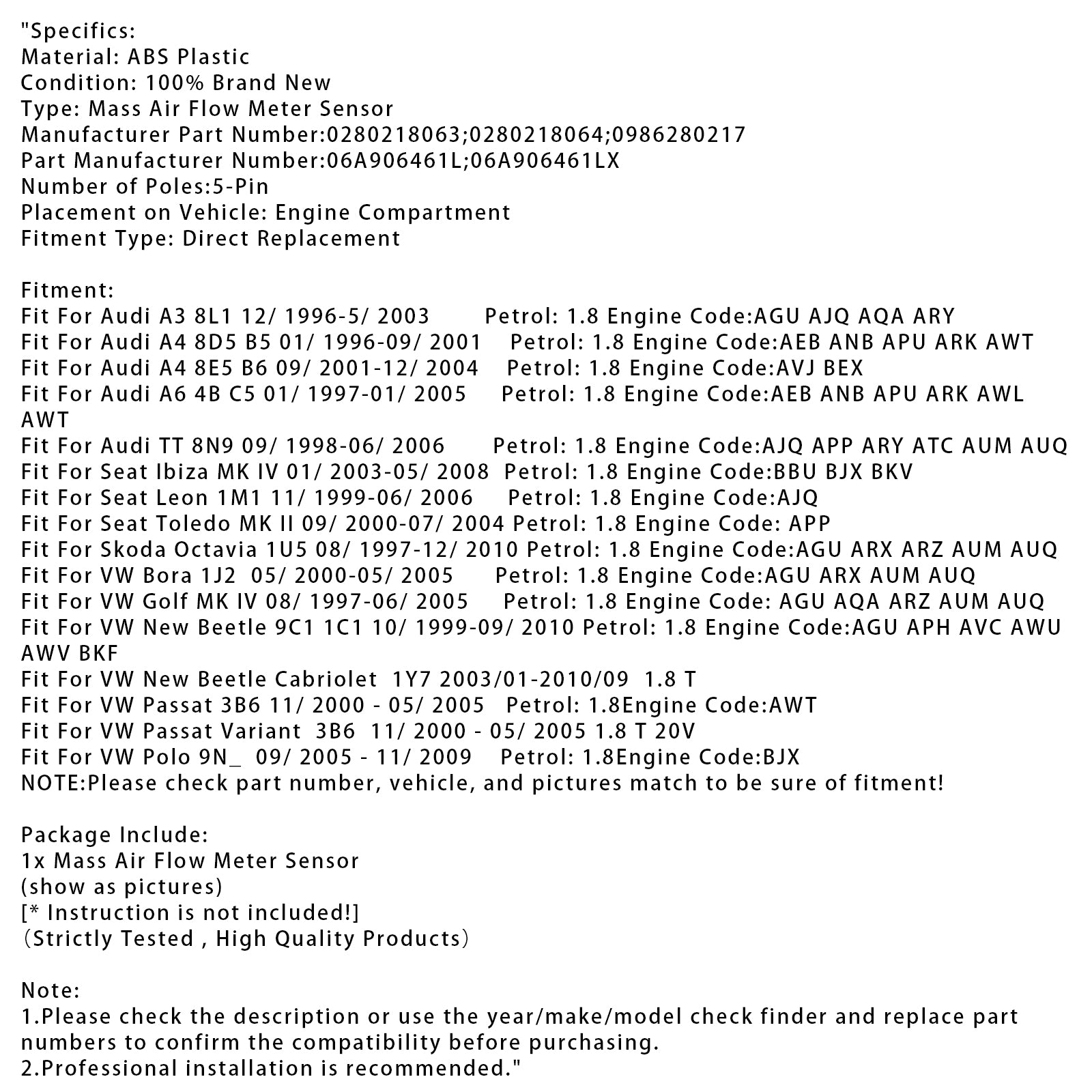 Sensor do medidor de fluxo de ar em massa para Audi A4 TT VW Golf IV Bora 1.8T 0280218063