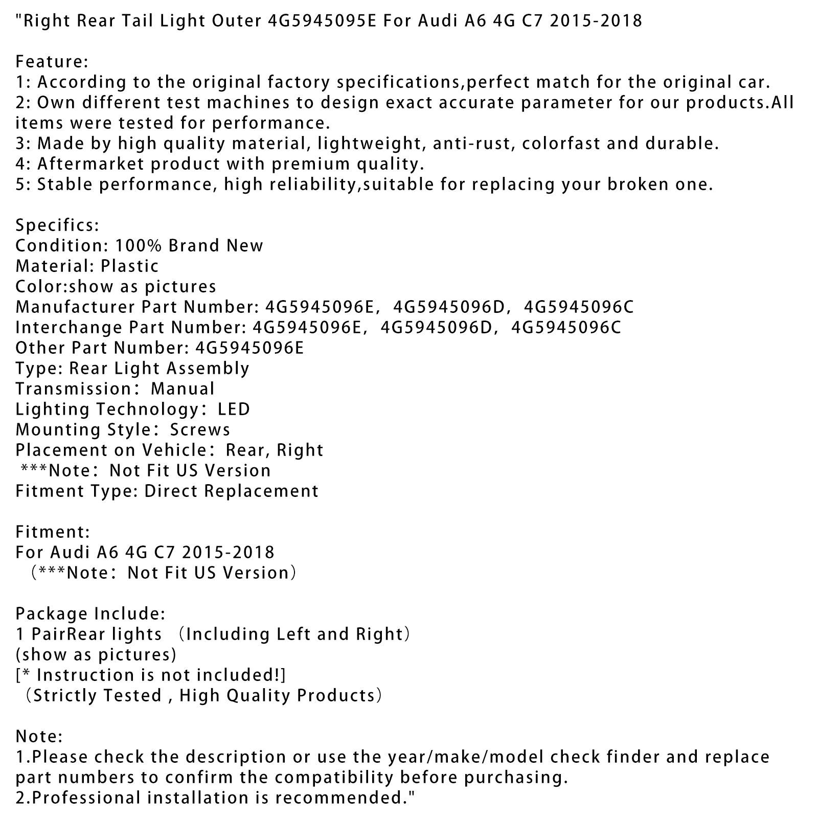 2015-2018 Audi A6 4G C7 Pravé zadné chvostové svetlo vonkajšie 4G5945095E
