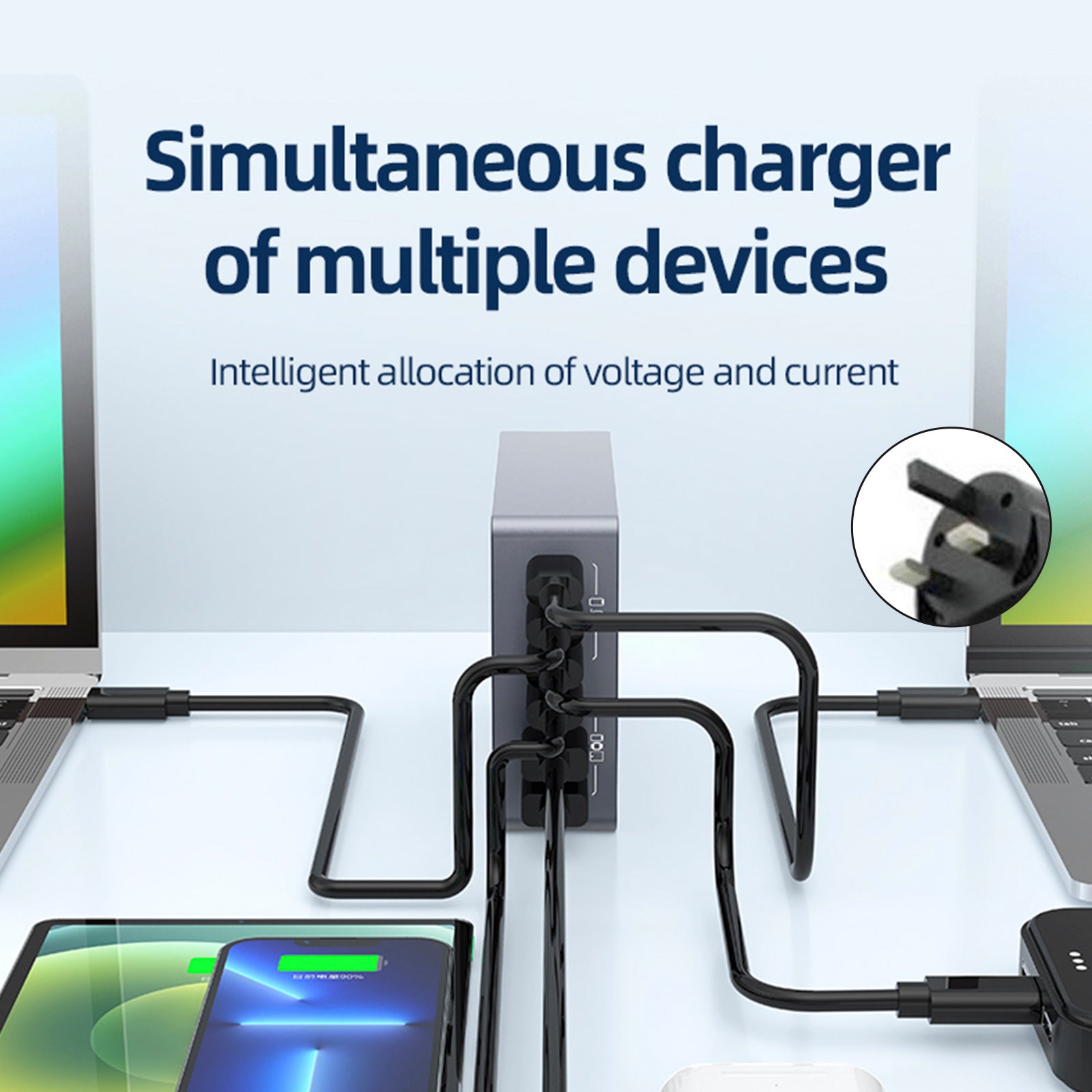 F8A ladestasjon USB 6-port hurtiglader PD100W ladestativ Smart lader