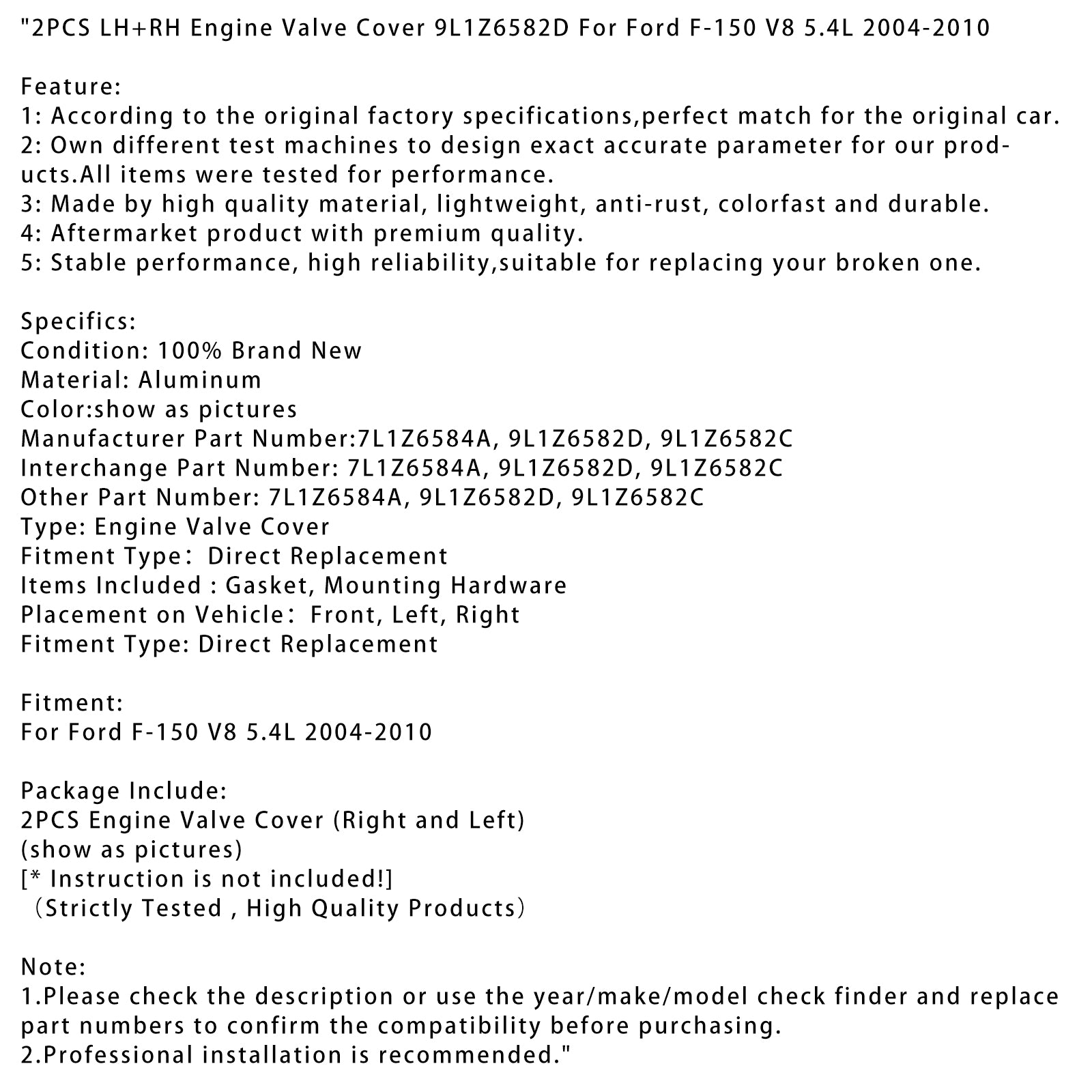 2004-2010 Ford F-150 V8 5.4L 2PCS LH + RH COUVERTURE DE VALVE MOTEUR 9L1Z6582D