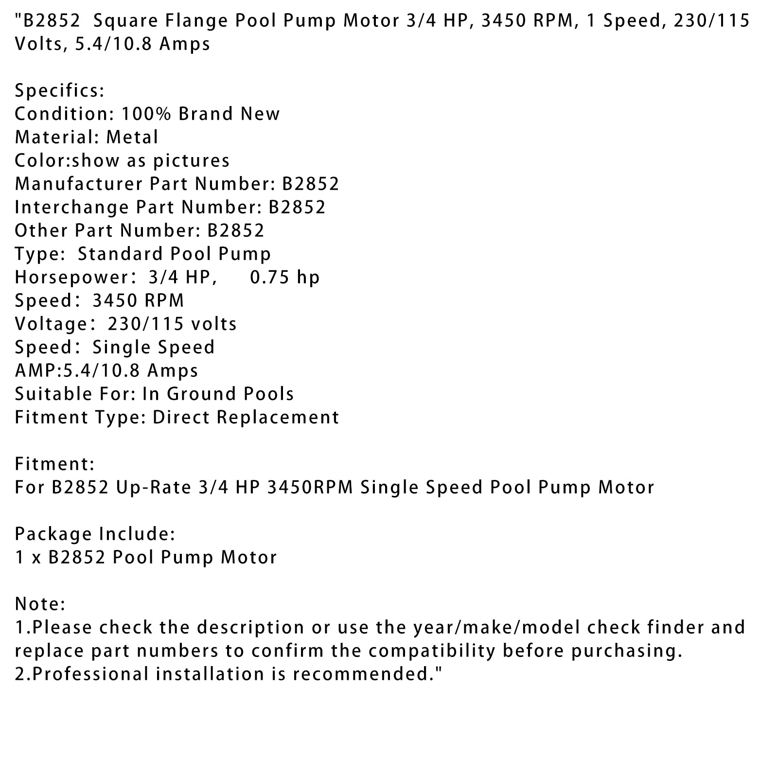 B2852 Motor quadrado da bomba de piscina de velocidade única 3/4 hp 3450rpm
