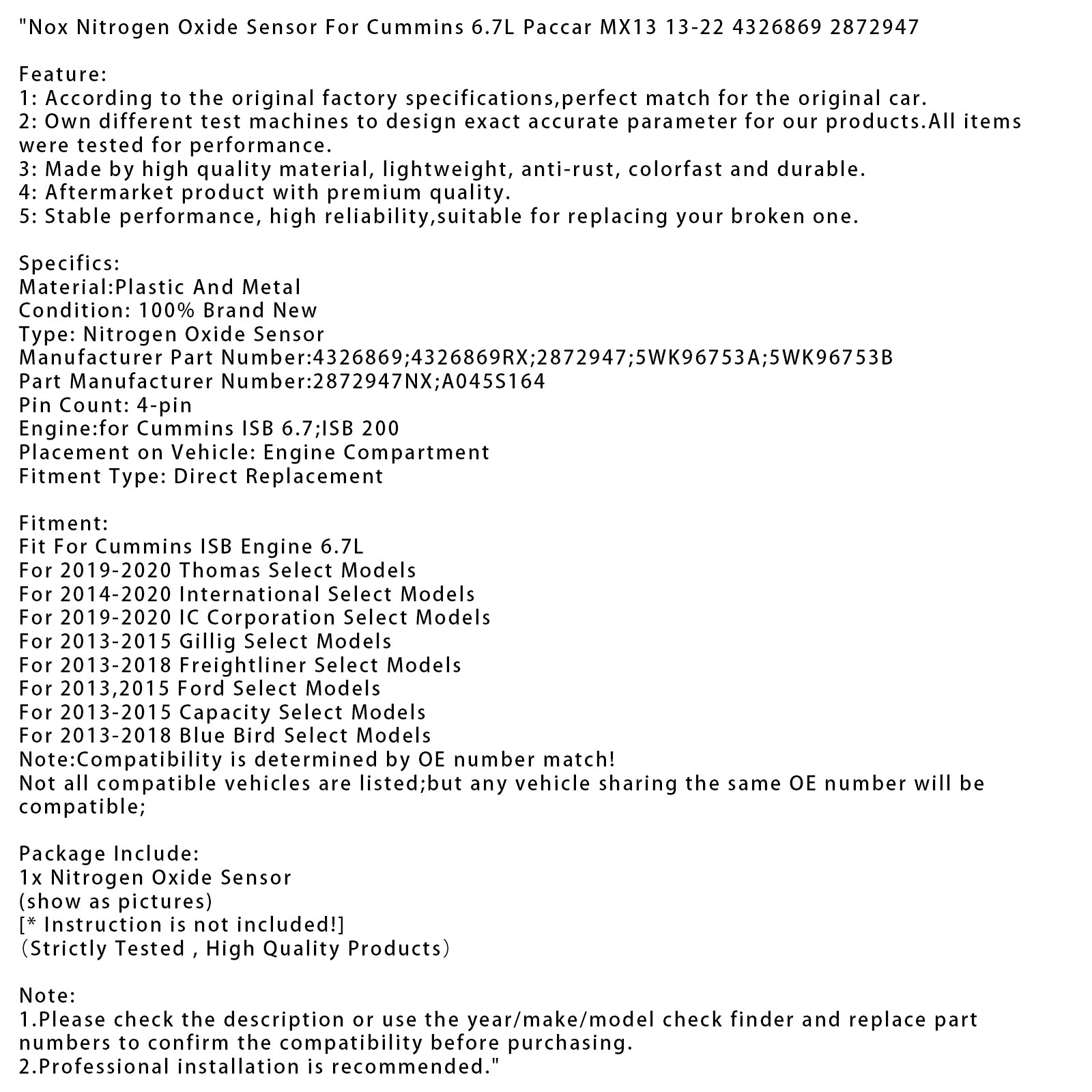 Nox Nitrogen Oxide Sensor For Cummins 6.7L Paccar MX13 13-22 4326869 2872947