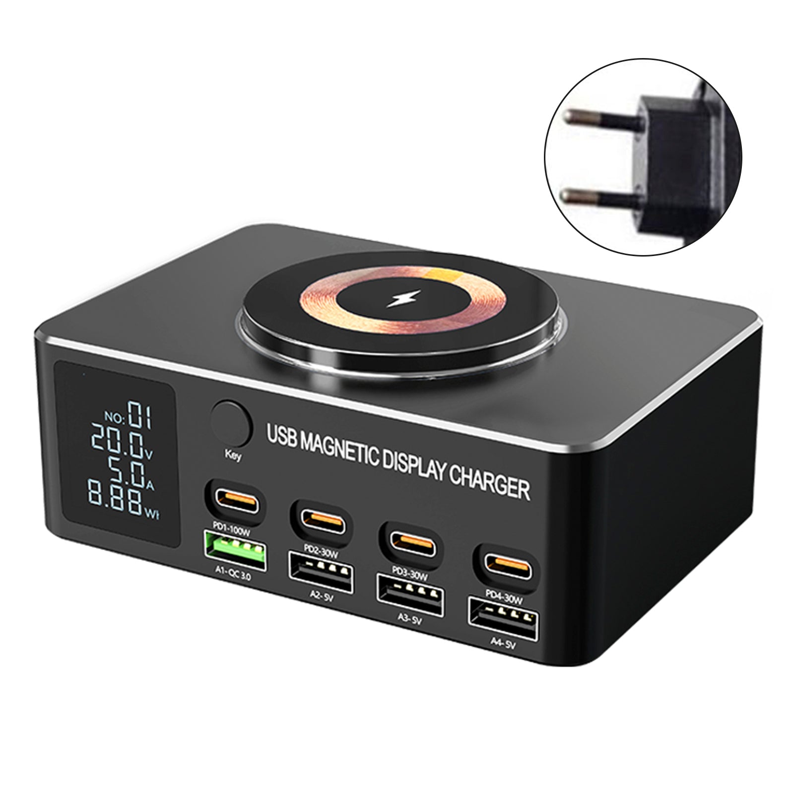 140W Fast ladelader Intelligent Digital Display PD100W Mobiltelefon Notatbok Magnetisk trådløs lading Multi-Port USB Charger EU Plug