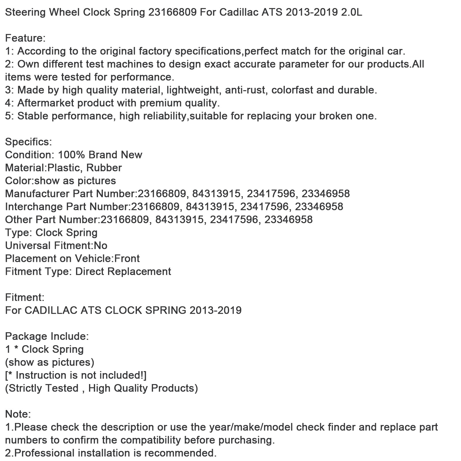 2013-2019 Cadillac ATS 2.0L Steering Wheel Clock Spring 23166809