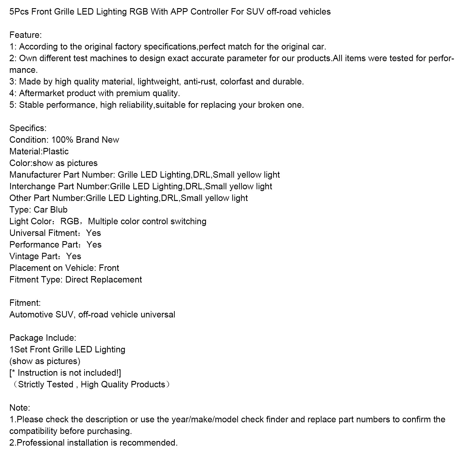 5ks predné mriežky LED osvetlenie RGB s ovládačom aplikácií pre vozidlá SUV