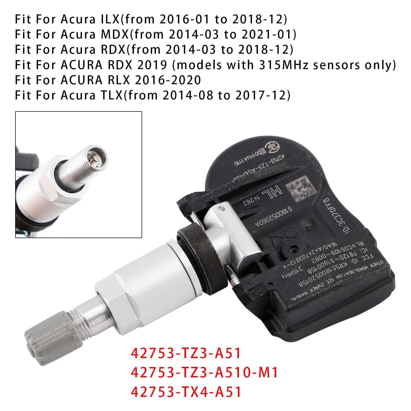 1X Sensor de presión de neumáticos TPMS para Acura MDX RDX TLX ILX 42753TZ3A51