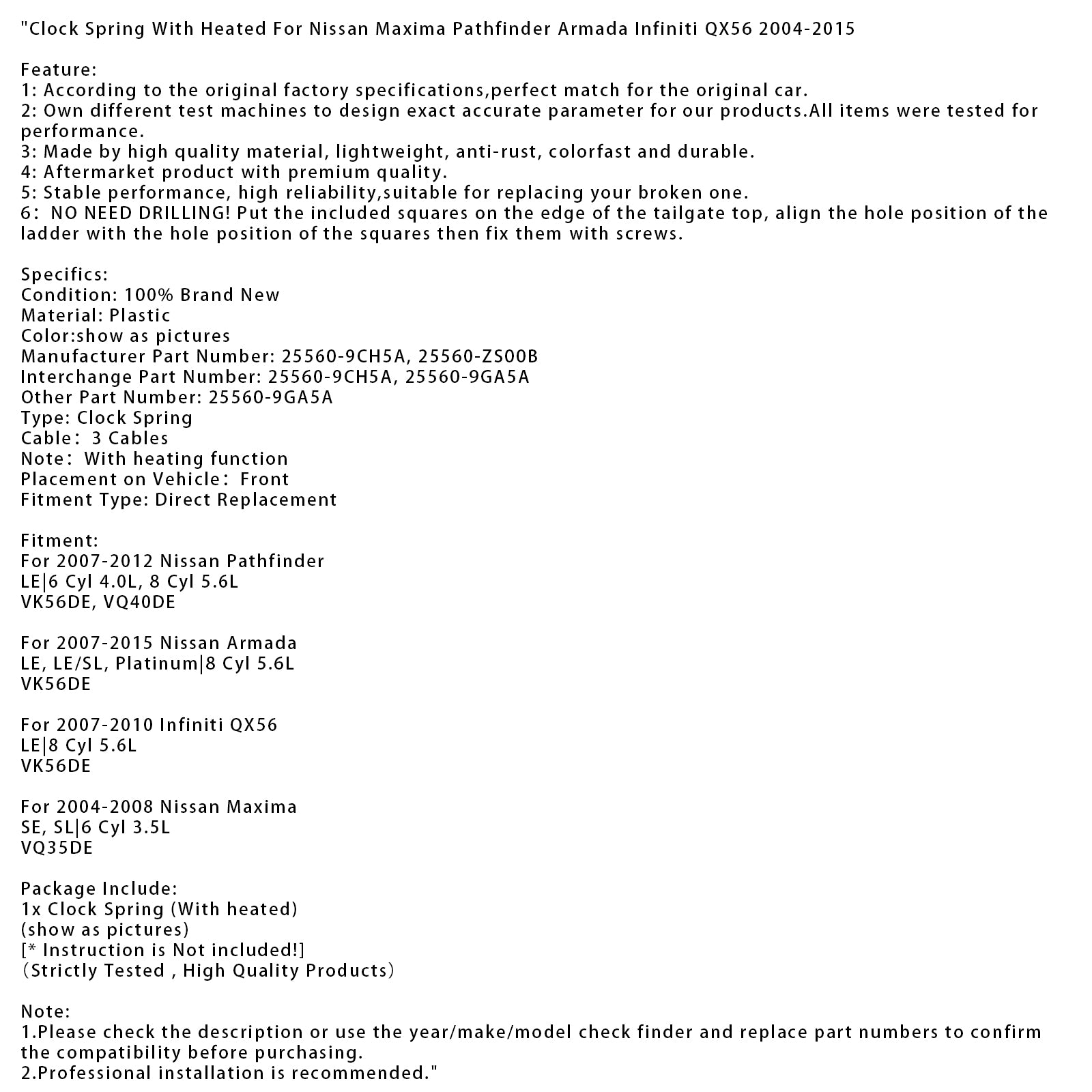 Resorte de reloj con calefacción para Nissan Maxima Pathfinder Armada Infiniti QX56 04-15