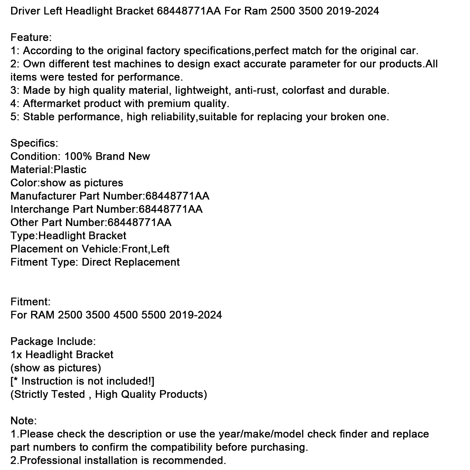 2019-2024 RAM 2500 3500 4500 5500 Driver Left Headlight Bracket 68448771AA