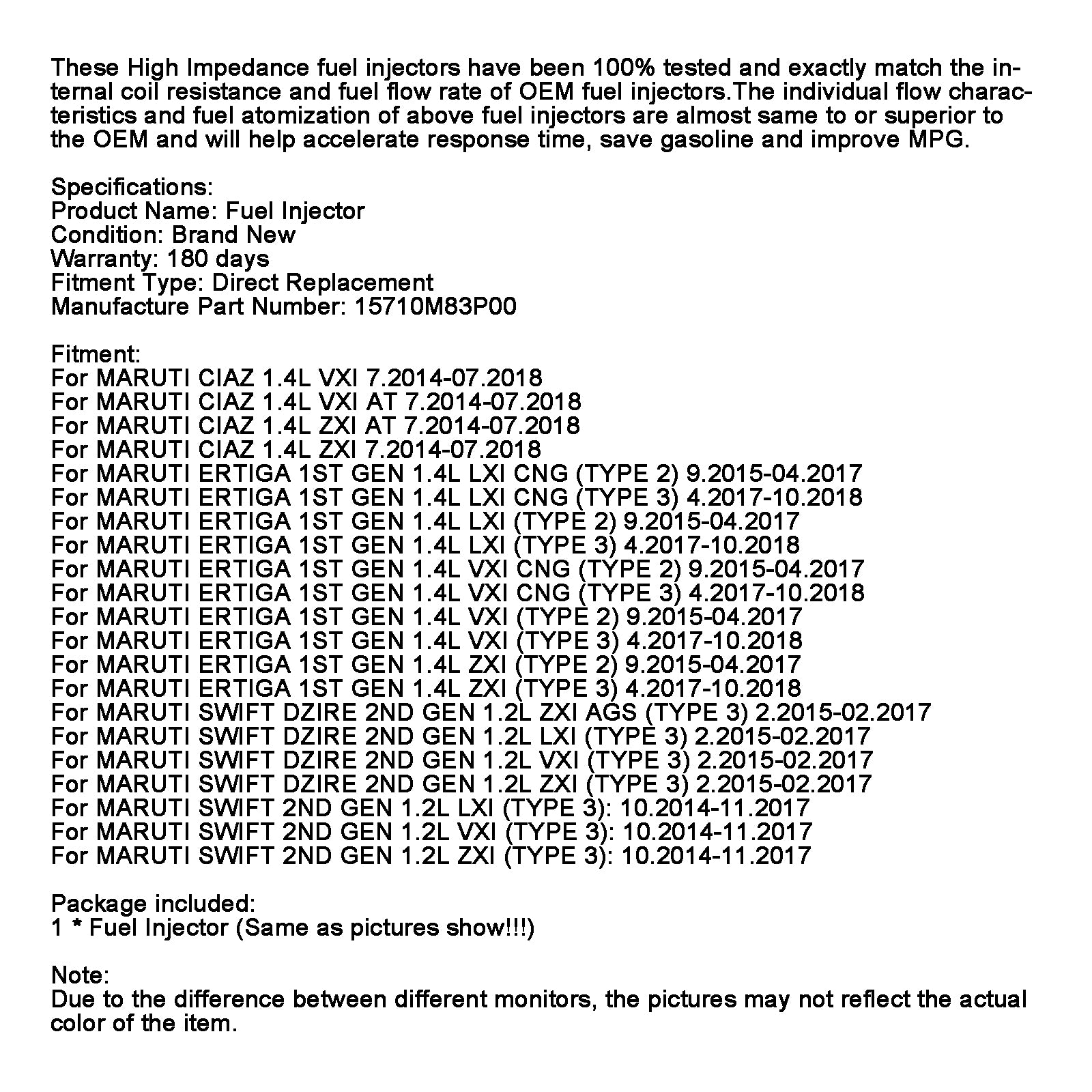 1pcs injecteur de carburant 15710m83p00 Fit Maruti Ciaz 1.4L Ertiga Swift Dzire