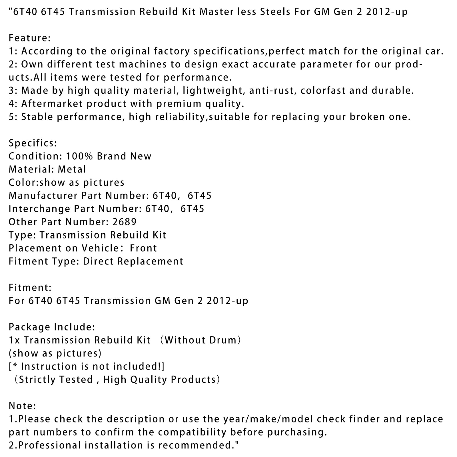 2012-up GM Gen 2 Transmission Rebuild Kit Master less Steels 6T40 6T45