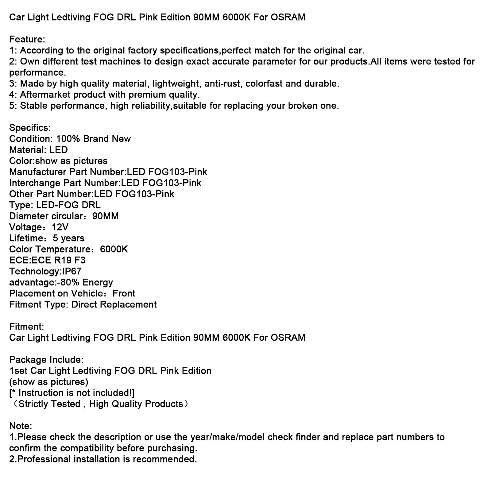 Autolamp Ledriing FOG DRL Roze Editie 90MM 6000K Voor OSRAM