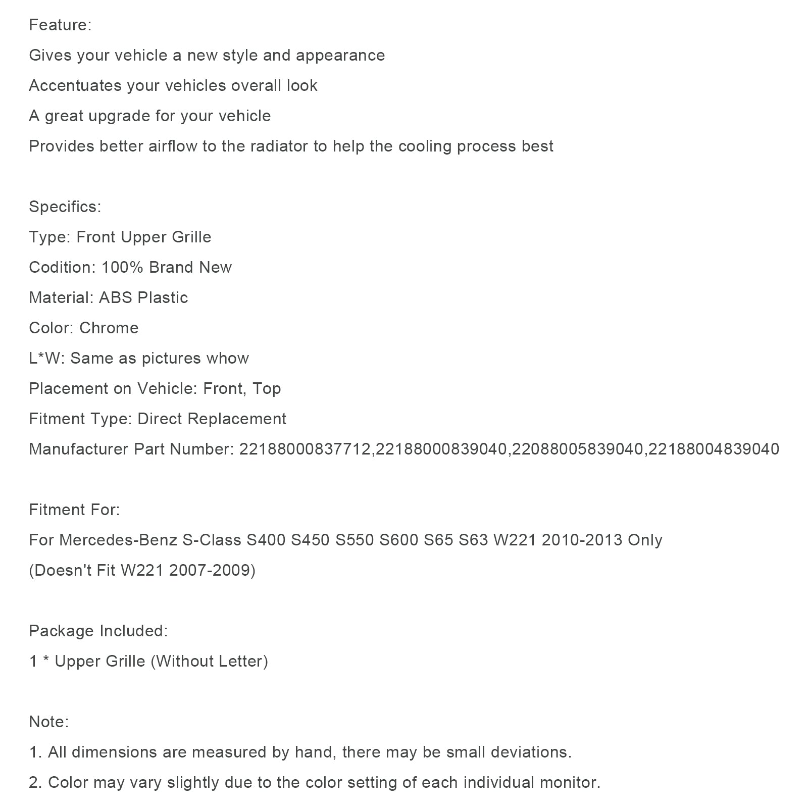 2010-2013 Mercedes-Benz S-klass W221 S550 S600 S63 S65 Frontgrill Grill